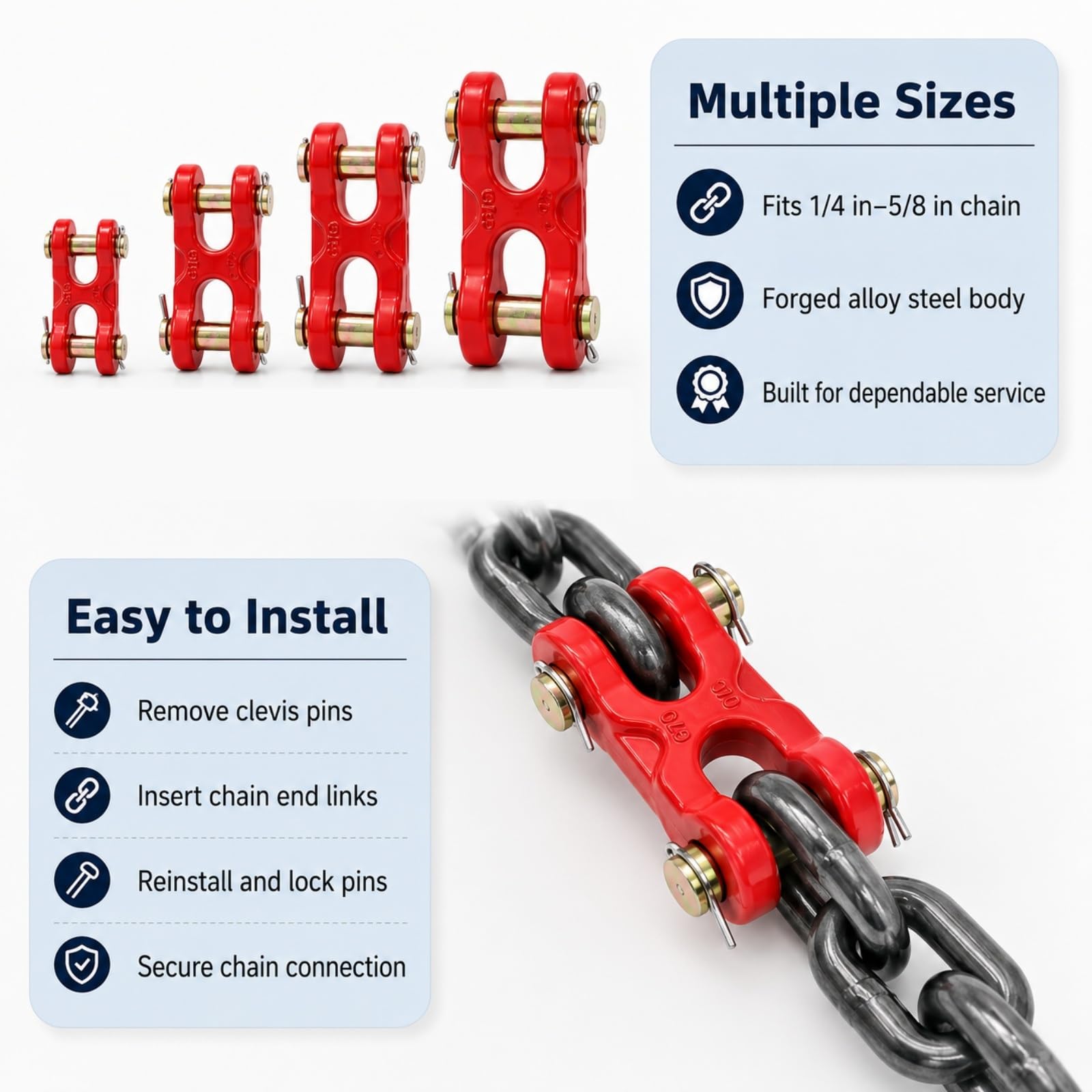 2 unidades G70 Twin Clevis Link 1/4-5/8 pulgadas conector de cadena de acero de aleación, enlace de aparejo resistente for remolque, remolque, seguridad de carga(Red,5/8 Inch)