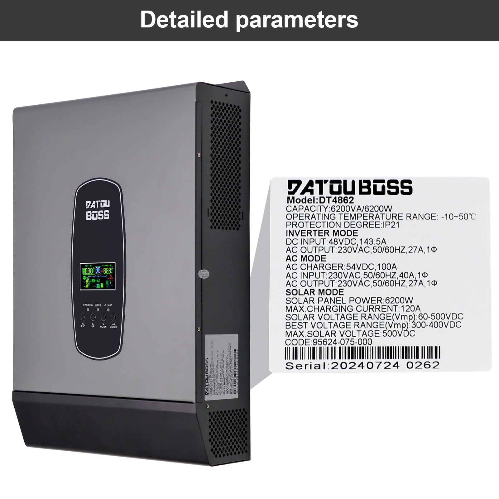 DATOUBOSS 6200W Inverter Ibrido 48V,48v DC a 220/230v AC,Inverter Solare Ibrido 48v Onda Sinusoidale Pura,Supporta il Funzionamento Senza Batteria,con 120A MPPT per batterie piombo-acido e litio.