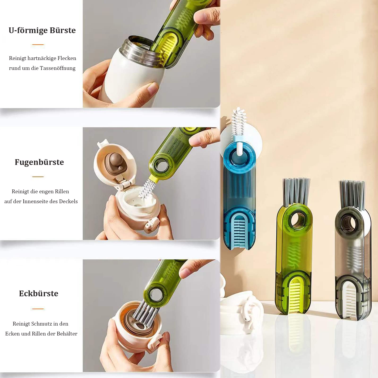 Aquapur Kit De 3 Brosses Universelles - Pour Nettoyer Vases, Bouteilles, Canalisations - Poignée Souple Softgrip