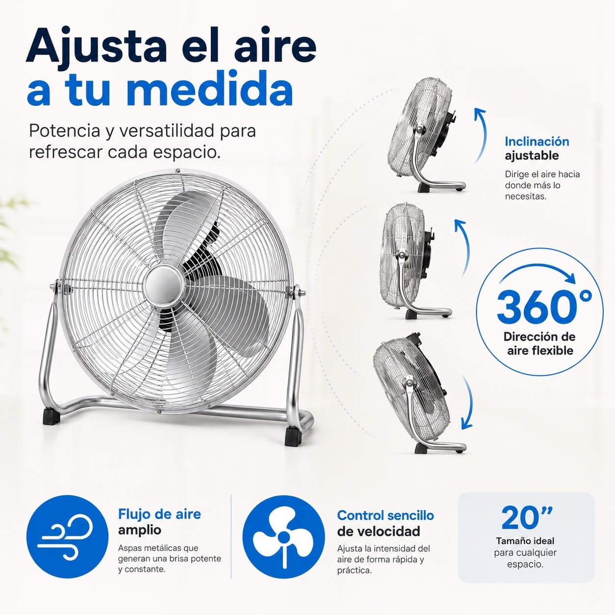 Ventilador Industrial de Suelo 20 Pulgadas, 130 W, Ventilador Metálico con 5 Aspas de Aluminio, 3 Velocidades e Inclinación Ajustable, para Taller, Almacén, Garaje, Gimnasio y Hogar