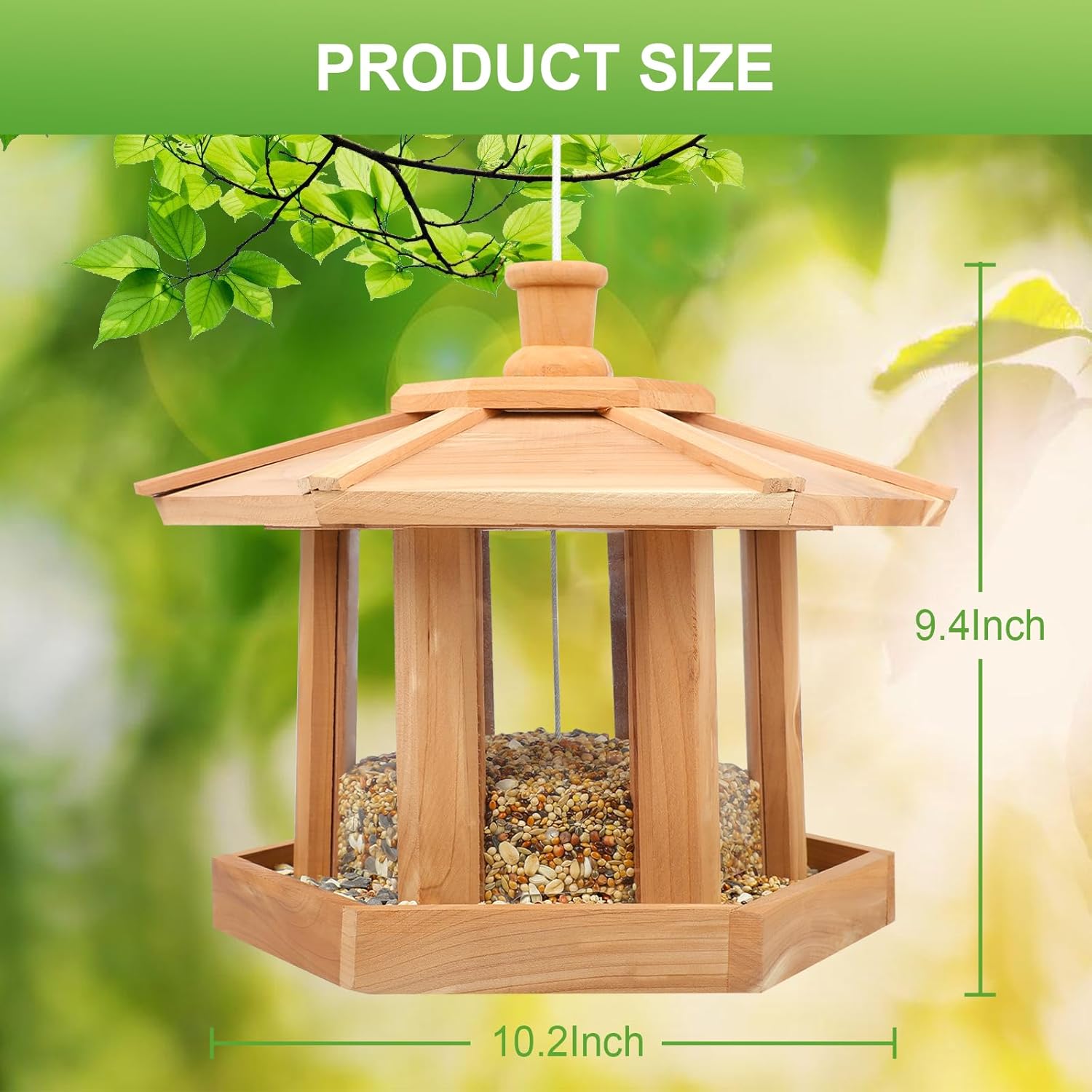 2 Pack Wooden Bird Feeder for Outdoors Hanging, Red Cedar Hexagon Shaped Large Capacity, Cardinal Birdfeeder for Garden Decoration Yard, Weatherproof and Durable