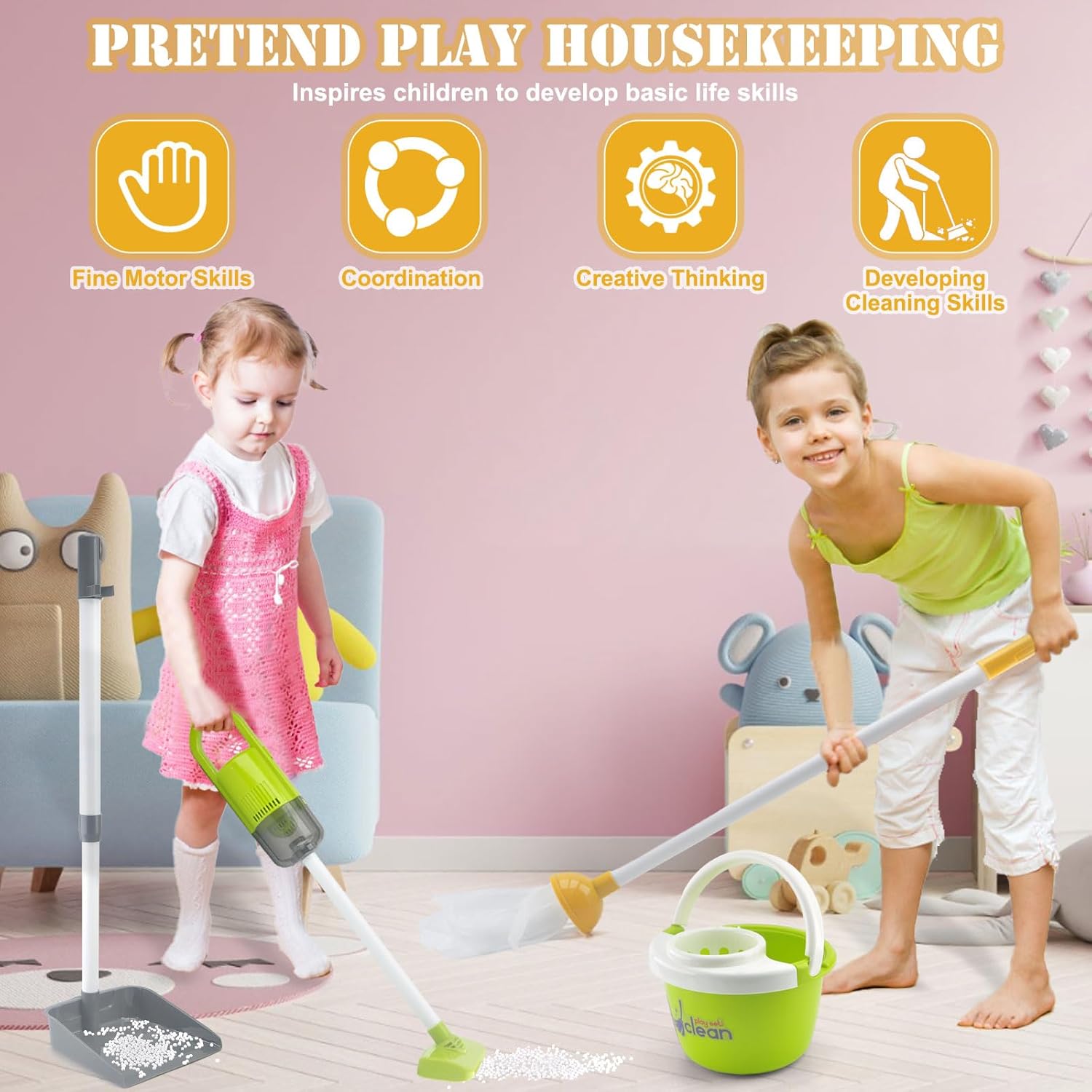 Toddler Cleaning Set, Kids Cleaning Toy Set with 2 in 1 Kids Vacuum that Really Works, Mop, Broom, 14Pcs Pretend Play Home Cleaning Playset for Toddler Ages 3+, Birthday Gift for Girls Boys (Blue)