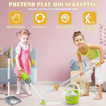 Toddler Cleaning Set, Kids Cleaning Toy Set with 2 in 1 Kids Vacuum that Really Works, Mop, Broom, 14Pcs Pretend Play Home Cleaning Playset for Toddler Ages 3+, Birthday Gift for Girls Boys (Blue)