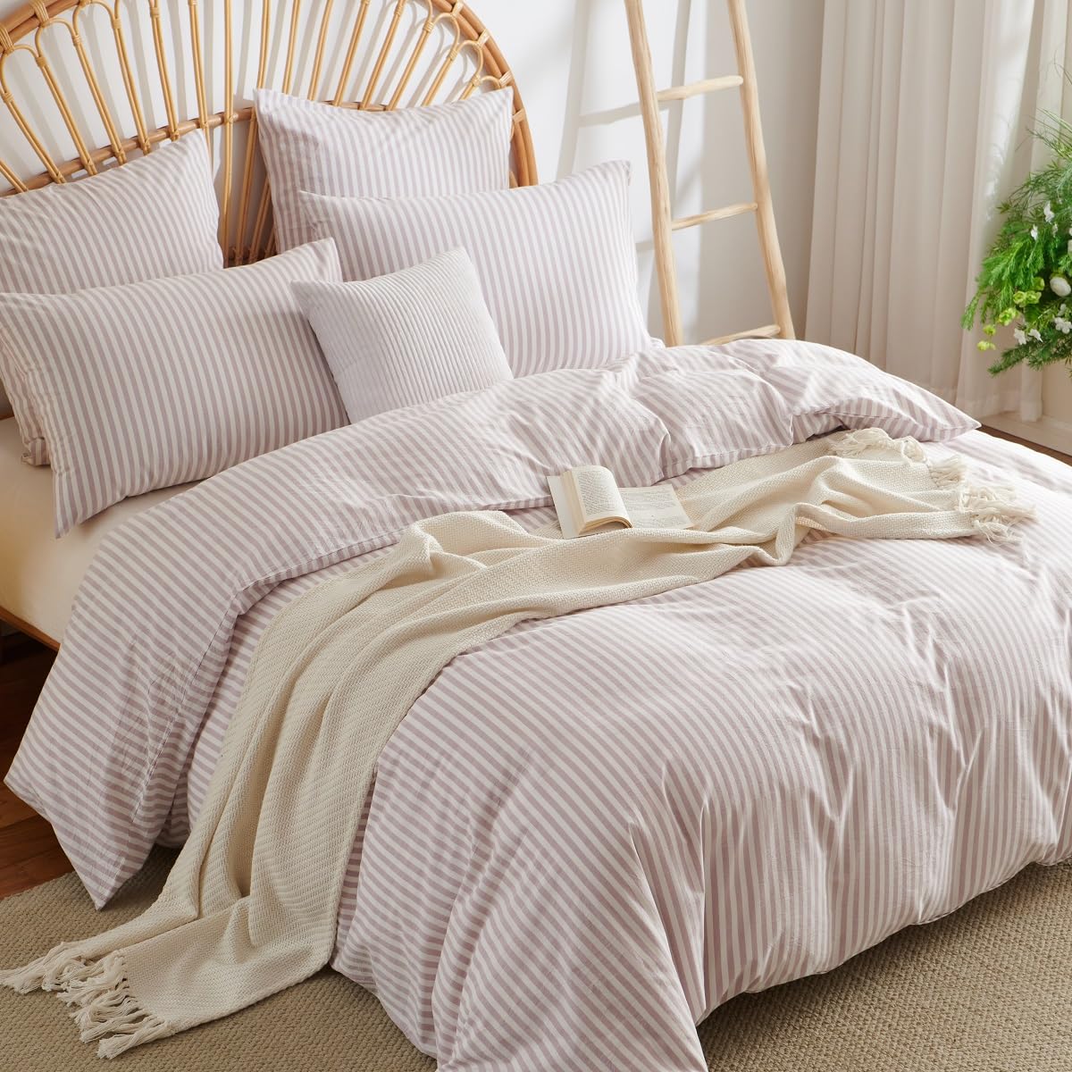 Lanqinglv Ropa de cama de 200 x 220 cm, algodón a rayas, color lila y blanco, 100 % algodón reforzado con cremallera, ropa de cama Öko-Tex adecuada para alérgicos, 1 funda nórdica y 2 fundas de