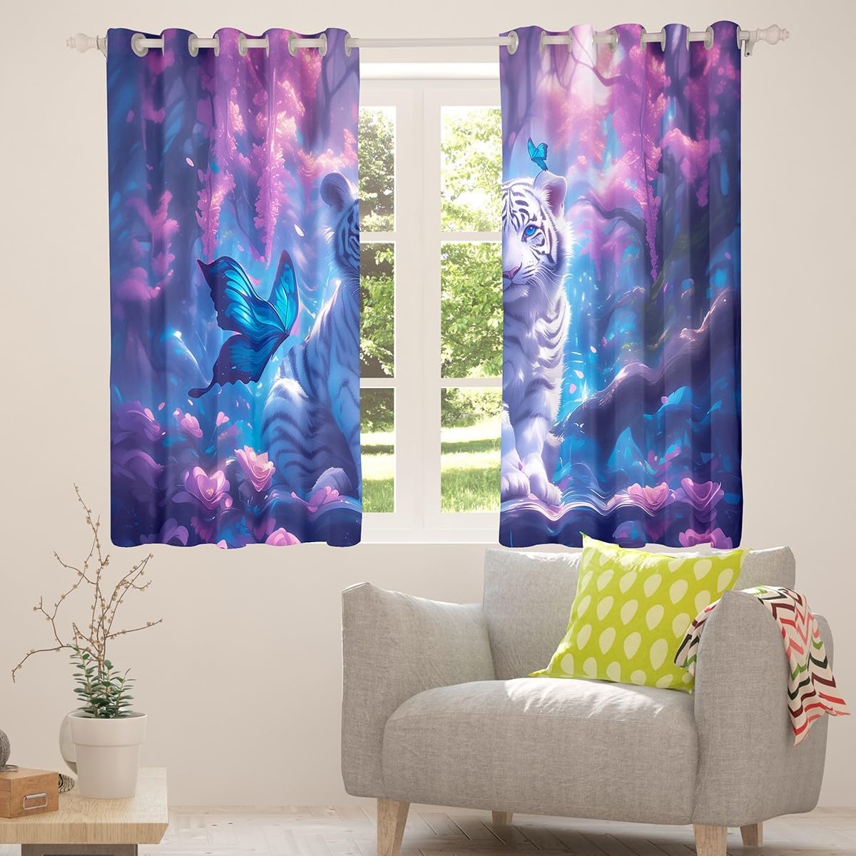 Manfei Wild Tiger Kids Blackout Curtain,Butterfly Roses Flowers Dreamy Window Drapes for Boys Girls,Rustic Animal Hunt Adventure Blue Purple Window Treatments Grommet Top 2 Panel Set,42Wx90L inch