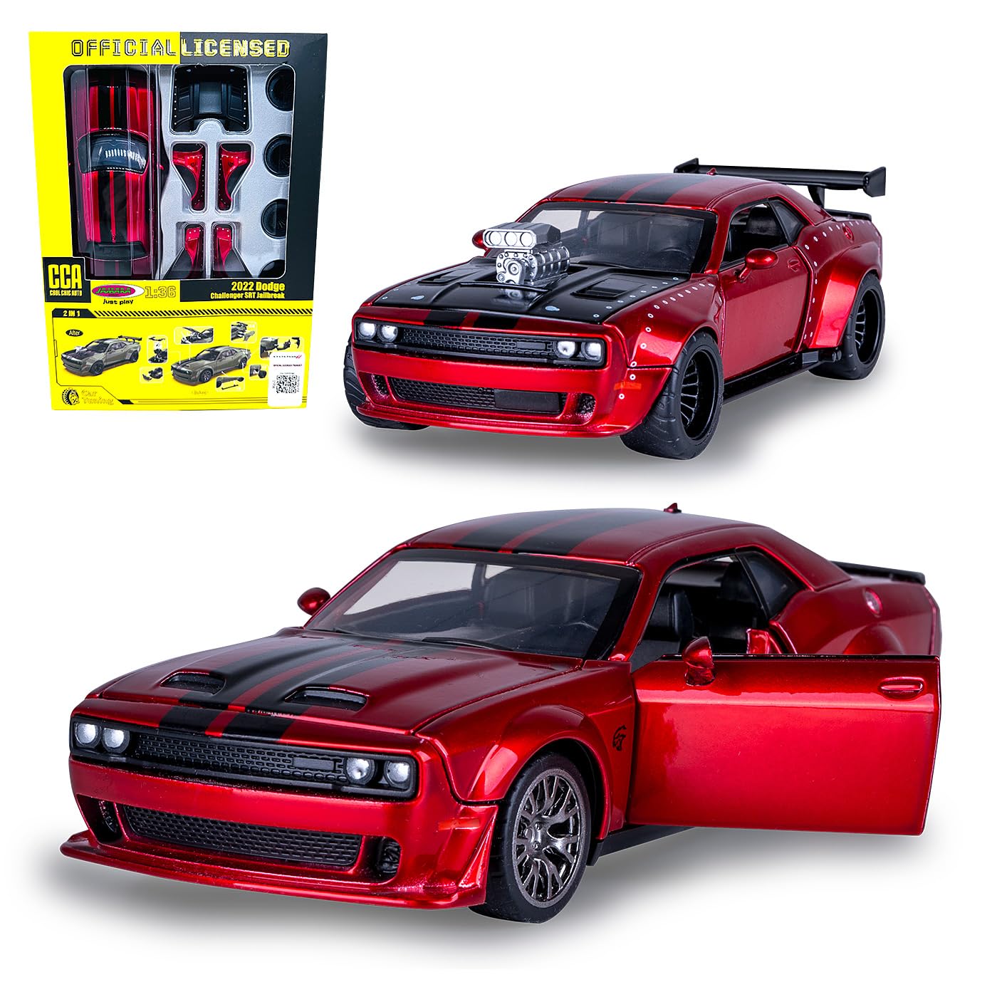 JAMARA 402614 Dodge Challenger SRT Jailbreak Diecast 1:36 2-in-1 Model Car Toy, Children's Car, Model Mini Vehicles, Gift Idea Kids, Doors Manual Open/Close, Tuning
