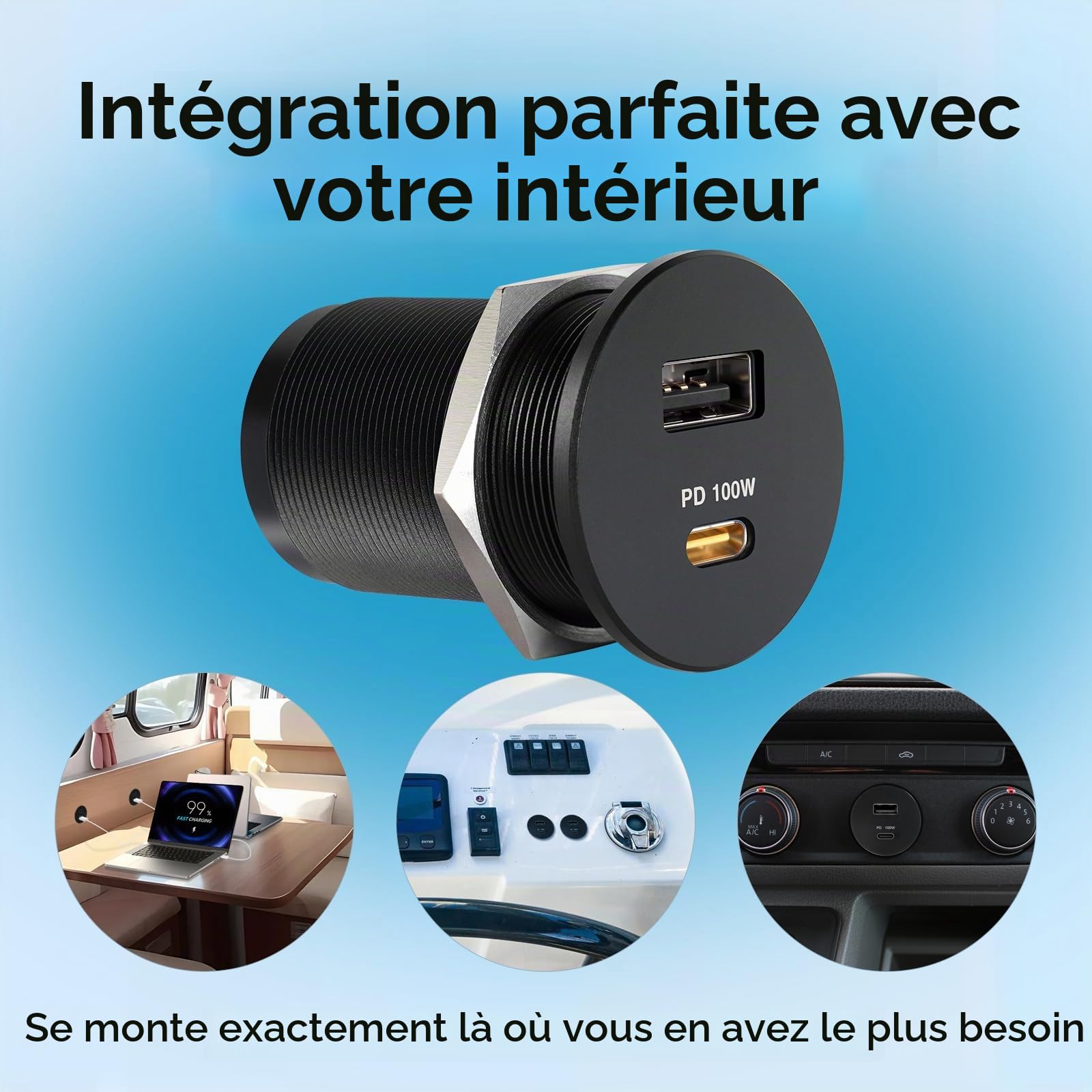 acegoo Prise USB 12V 100W PD3.0 et 18W QC, Camping-Car Voiture Aluminium Ordinateurs Portables USB-C Chargeur, Charge Rapide pour Bateau Marine Camion Caravane (2 pièces)