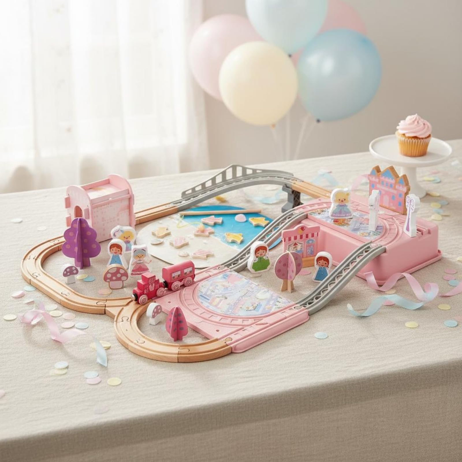 Juguetes de Construcción Infantiles Set de Tren Princesa Pista de Madera Ferrocarril Vagón Accesorios Escenografía con Resistente y Piezas Adecuado
