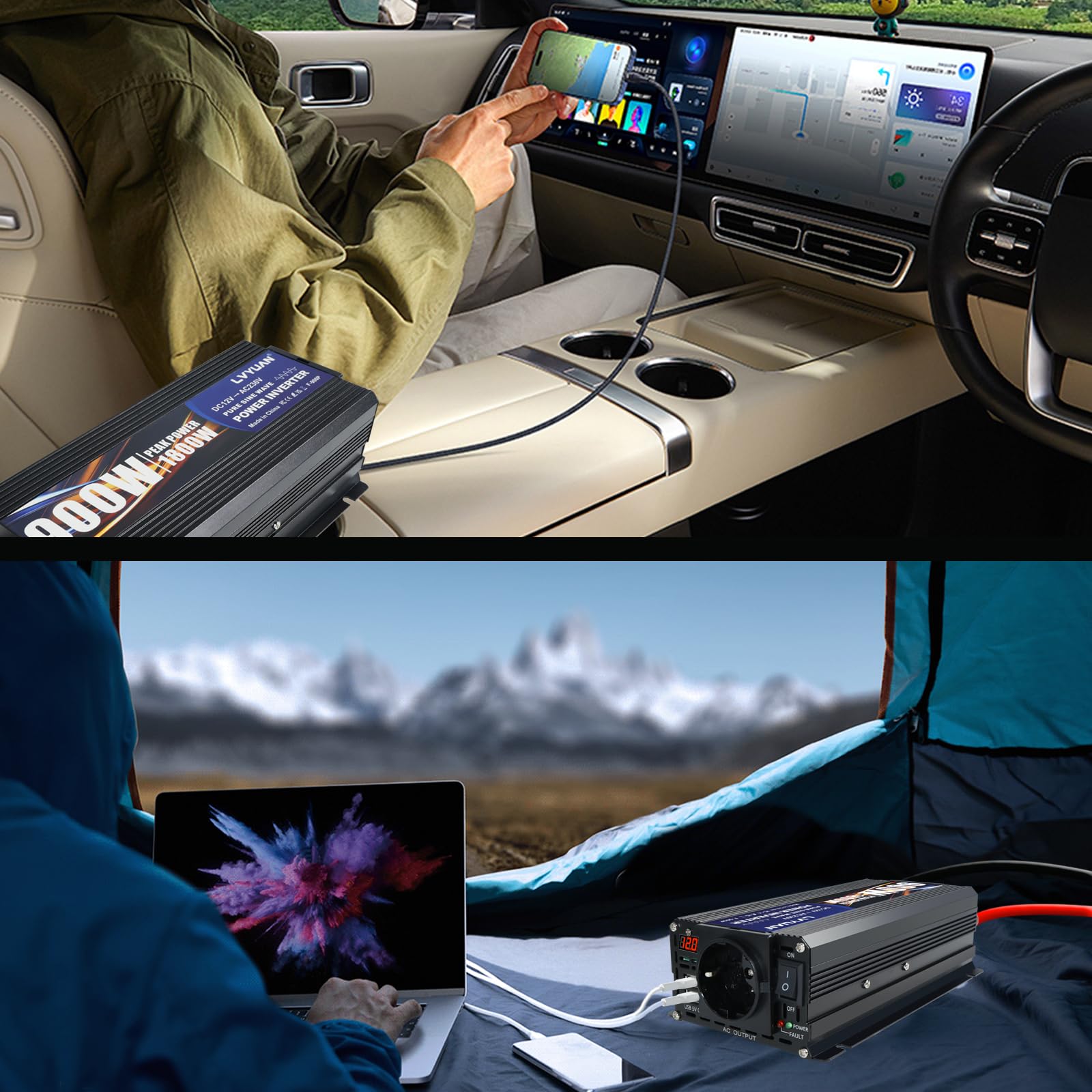 LVYUAN Convertisseur 12V 220V 900W/ 1800W Pur Sinus Onduleur à Onde Sinusoïdale Pure avec 1 Prise UE et 2 Ports USB, convertisseur de Courant pour Voiture, Caravane, Bateau, Camping