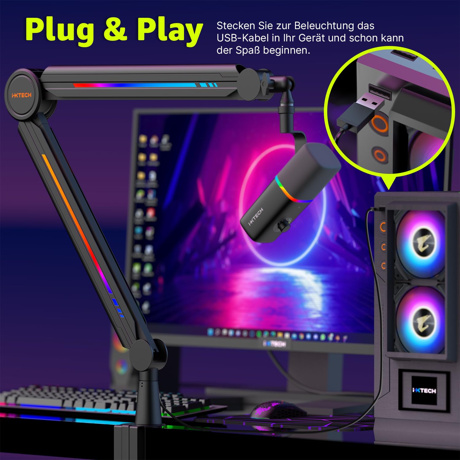 IXTECH RGB Mic Boom Arm High Profile, Overhead Boom Arm Mikrofonständer Schreibtischhalterung, verstellbarer Mikrofonständer mit Tischhalterung, Mikrofonarm für Live-Streaming, Gaming,