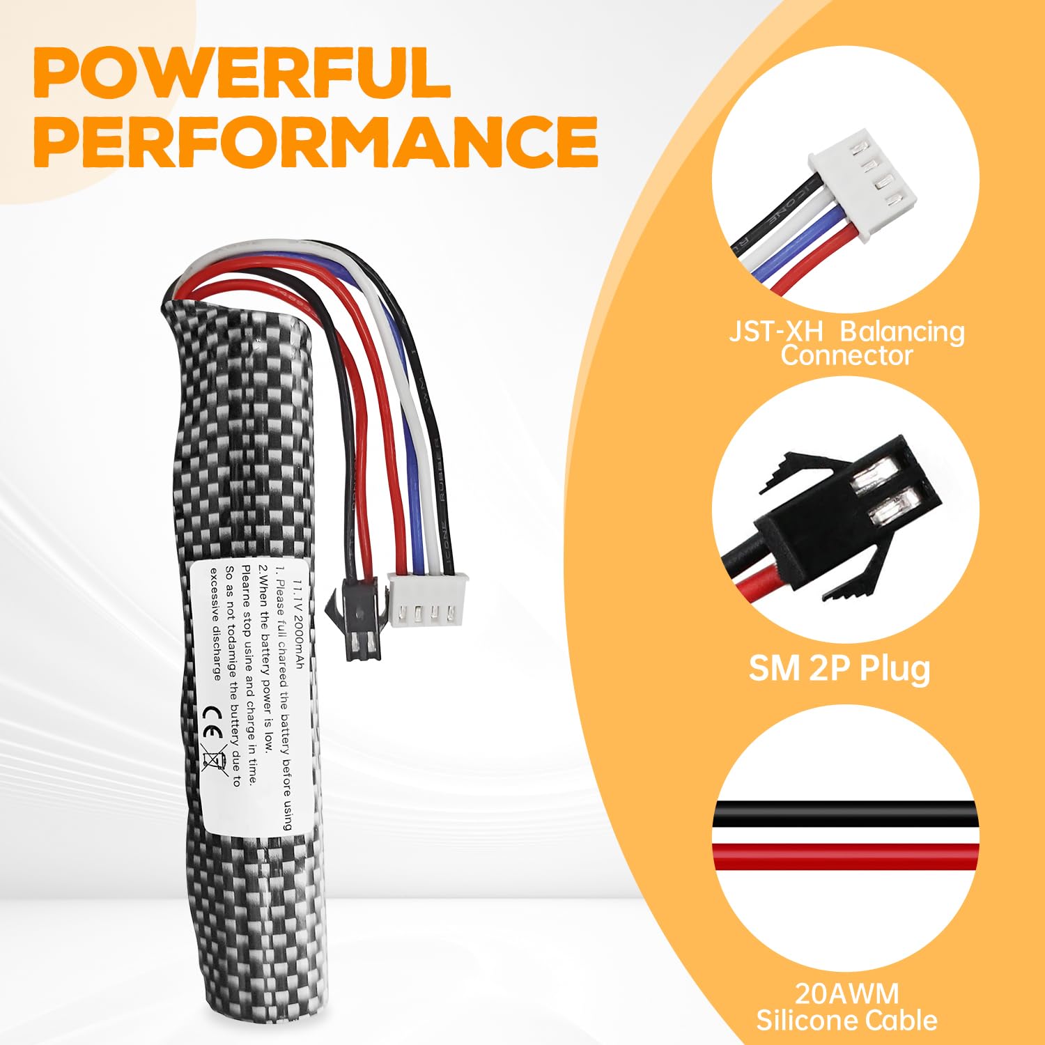 2PCS 3S 11.1V 2000mAh Batterie Connecteur SM-2P avec 2PCS Ligne de Chargement USB pour Gel Airsoft Balle à Eau Gel Airsoft Balle Onde de Choc