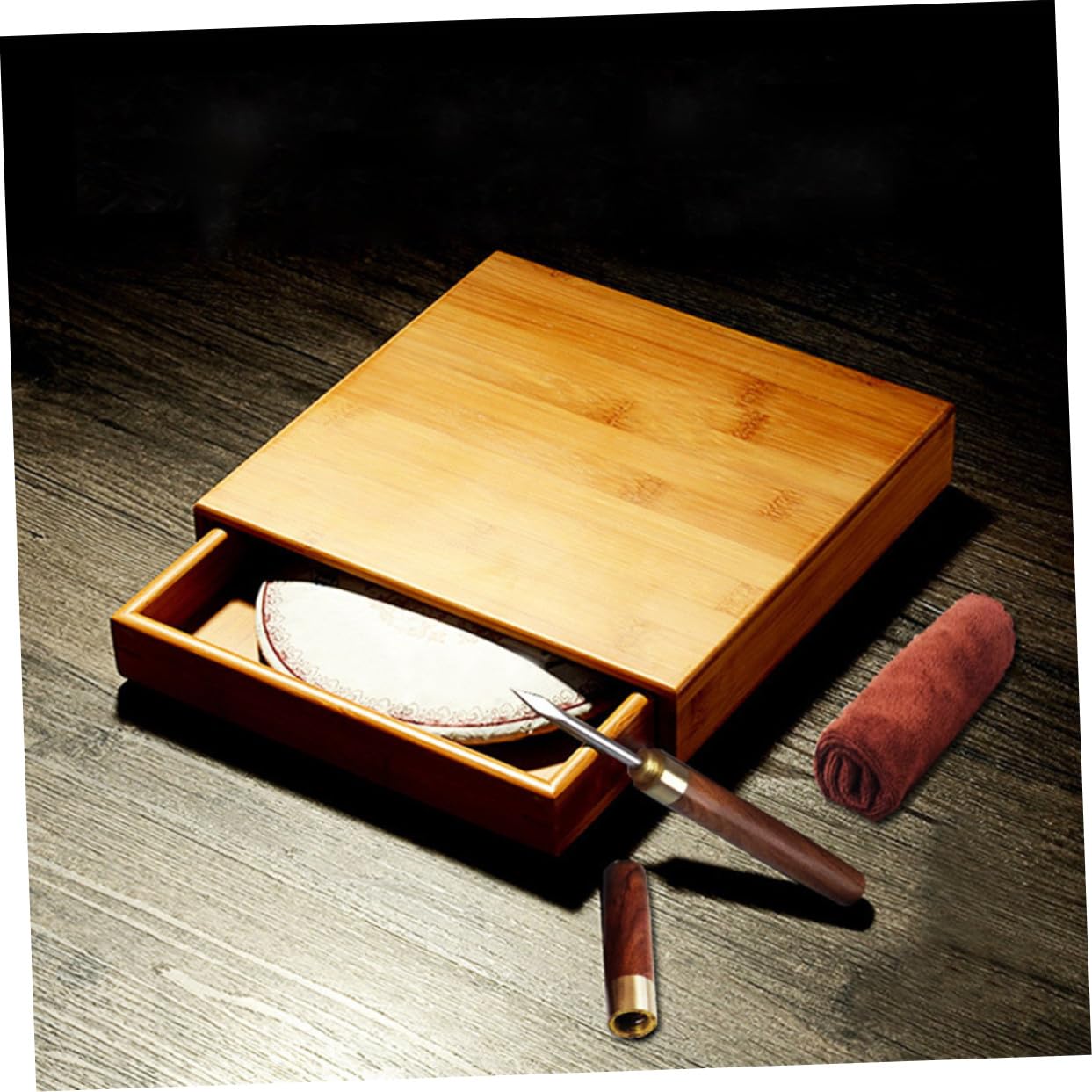 Cofanetto per Tè in Bambù con Cassetto e Anello di Estrazione, Contenitore per Foglie di Tè, Robusto e Compatto per Confezione Unica