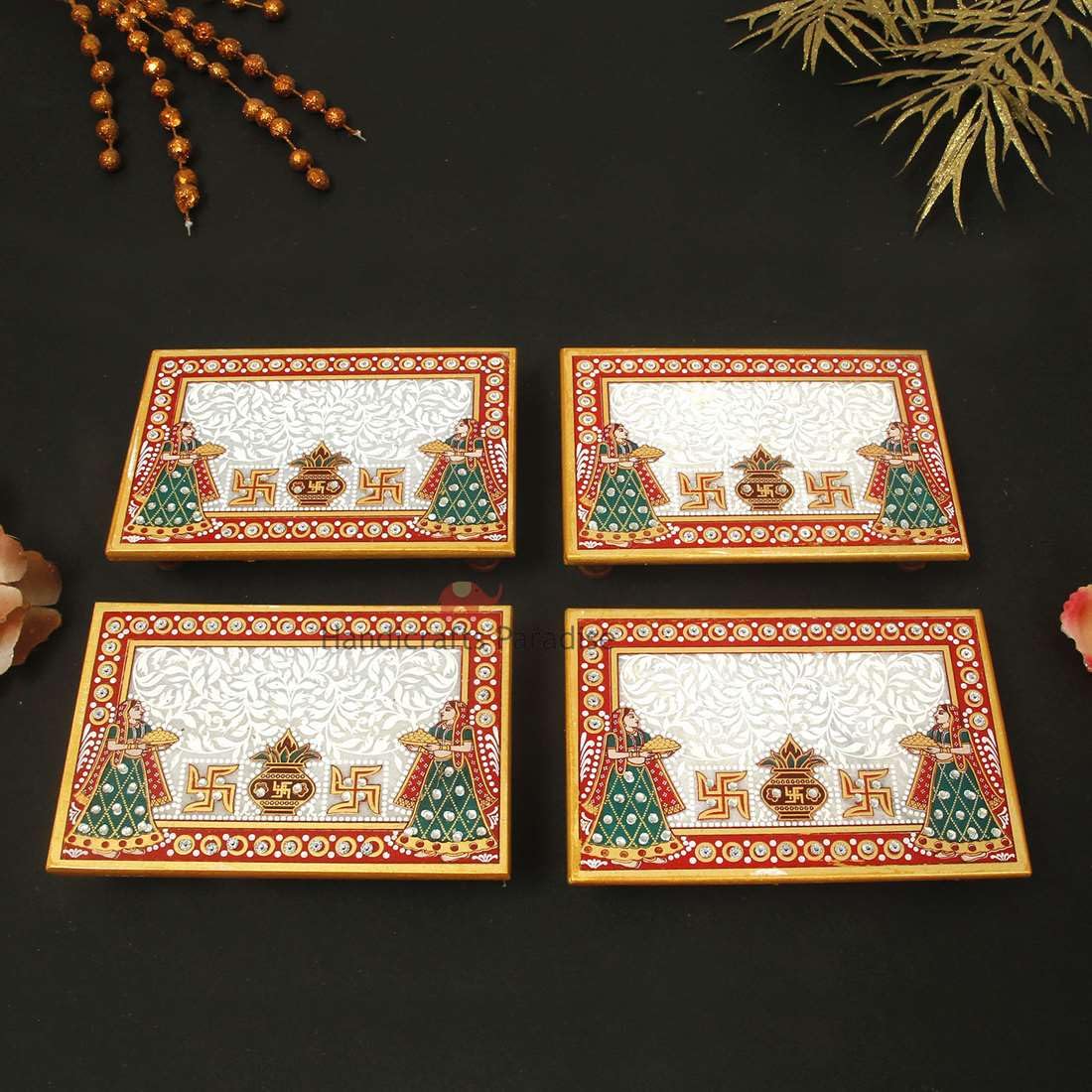 Handicrafts Paradise Marble Puja Chowki Set of 4 pc Rectangle Shape with Kalash Design