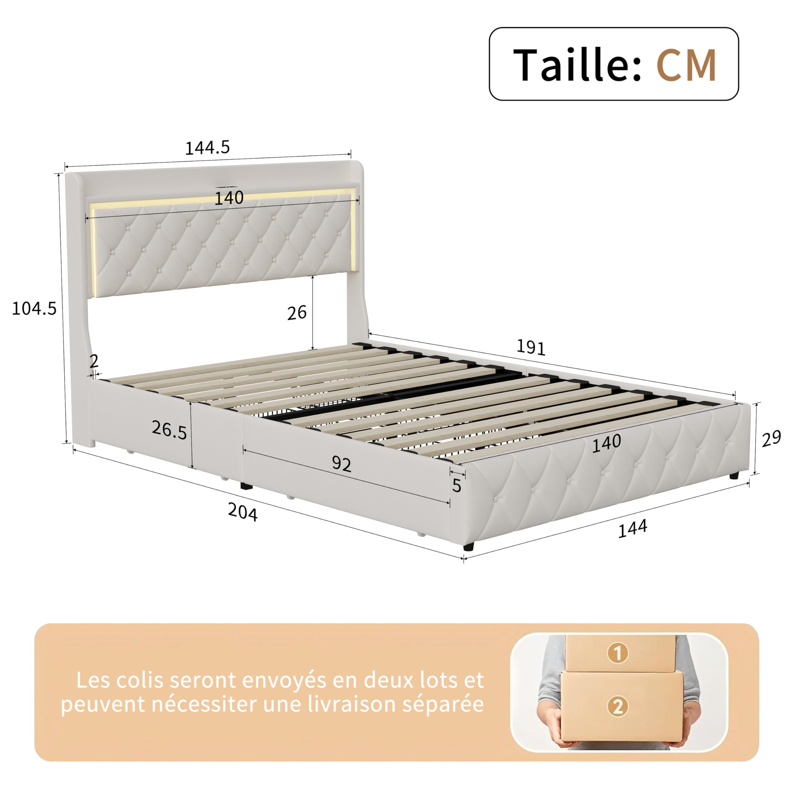 Cama Tapizada 140x190 con almacenaje,Cama Matrimoniales con 4 Cajones Cama Doble con Somier Cama Acolchada con USB y Luz LED Marco de Cama con Cabecero Cama Juvenil, Terciopelo Beige, Sin Colchón