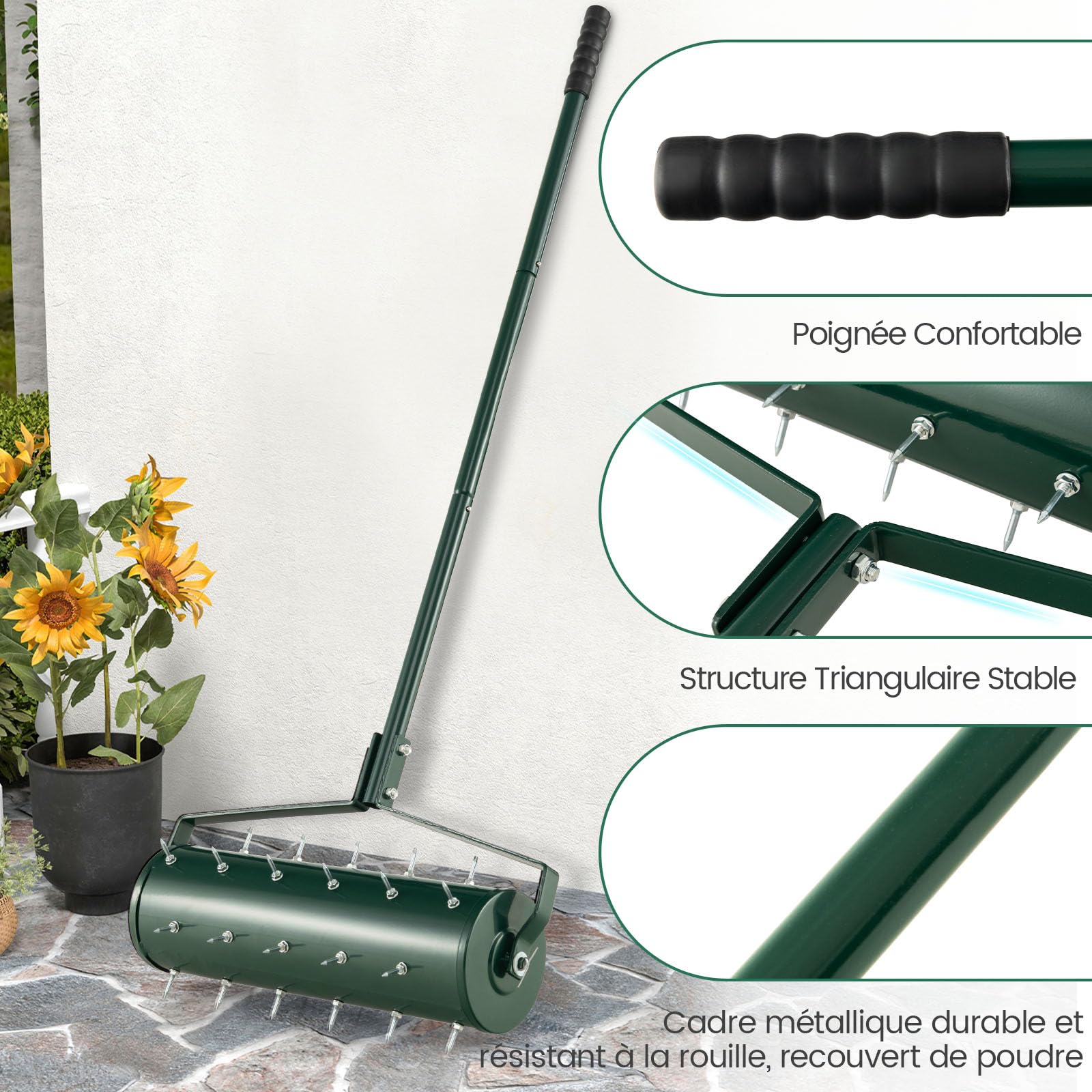 RELAX4LIFE Scarificateur Gazon Manuel 53CM avec Poignée &Rouleau à Pointes Rotatives, Rouleau Aérateur Gazon de Pelouse en Métal pour Jardin Cour Patio (6.8L | 53x130CM, Vert)