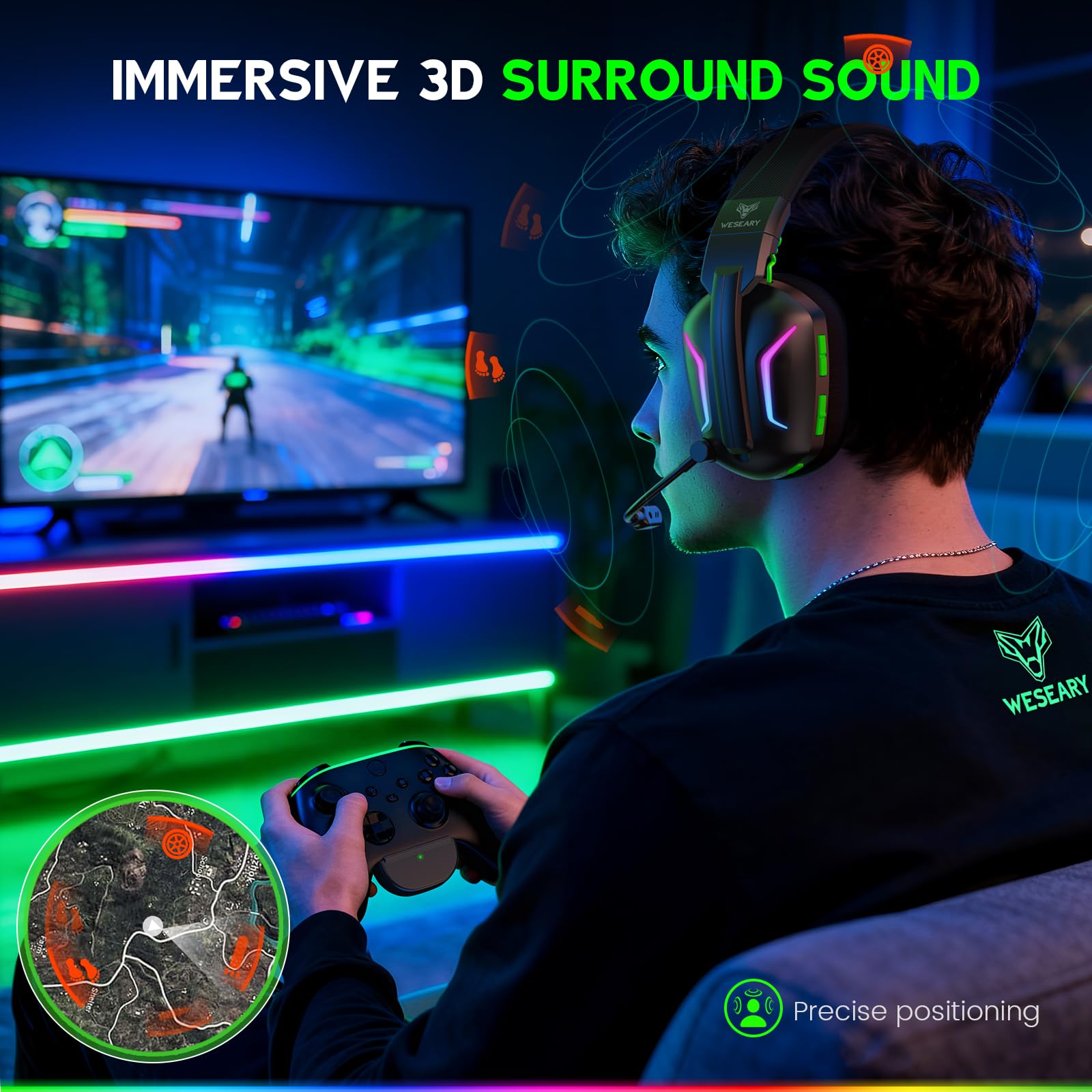 Bezprzewodowy zestaw słuchawkowy WESEARY WG1 do gier na Xbox Series X|S/One PC PS5 PS4 Switch Mac, 2,4 GHz i Bluetooth z mikrofonem, redukcją szumów czasem pracy baterii 50 godzin niskim opóźnieniem,