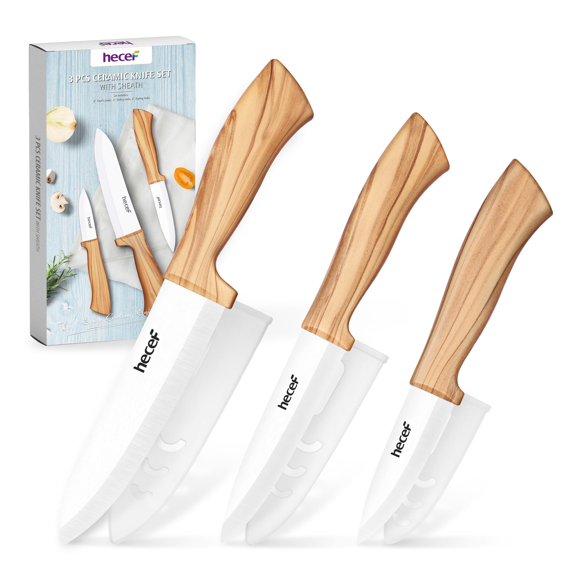 hecef 3 Piece Ceramic Knife Set, Olive Wood Grain โ image 1