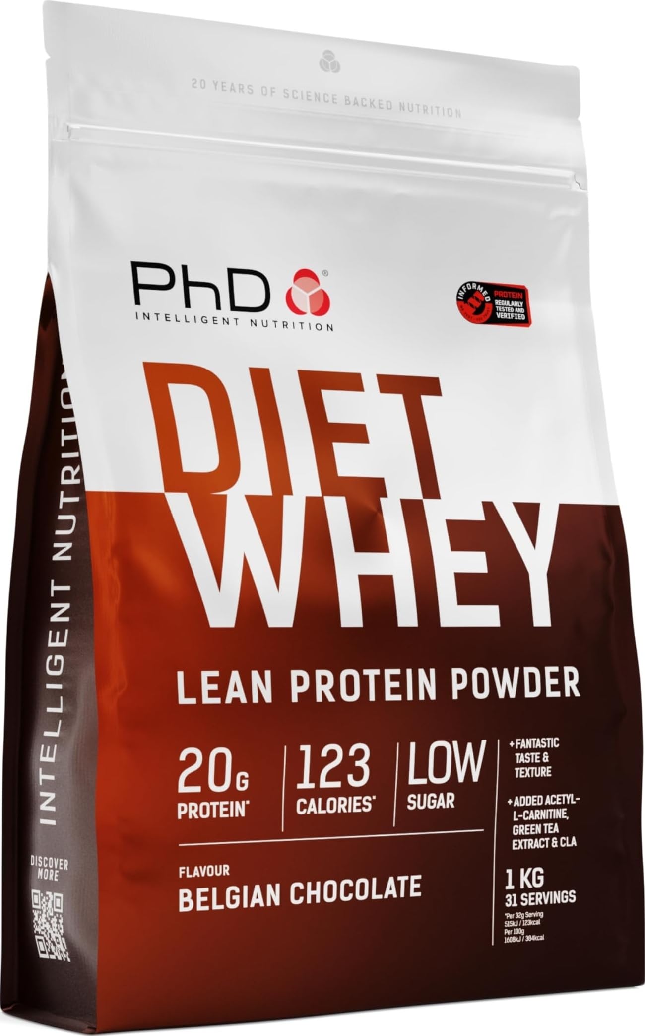 PhD Nutrition Diet Whey Lean Protein Powder, Belgian Chocolate, 1 Kg, Bag, Vegetarian