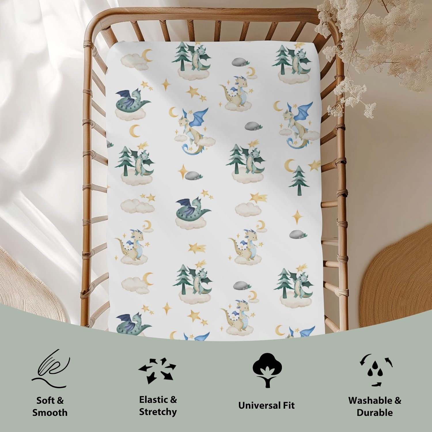 Fantasy Dragon Baby Crib Sheets for Boy Girl 52"x28" Fairytale Dragons Moon Stars Clouds Trees Soft Snug Fitted Crib Mattress Cover Myth Animal Baby Sheet for Standard Crib & Toddler Bed Mattress