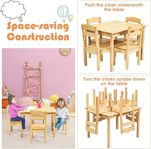 Miniatura 33 de KOTEK Juego de mesa y 4 sillas de madera para niños, mesa de actividades múltiples para aprender, jugar, dibujar, mesa de picnic y sillas para el