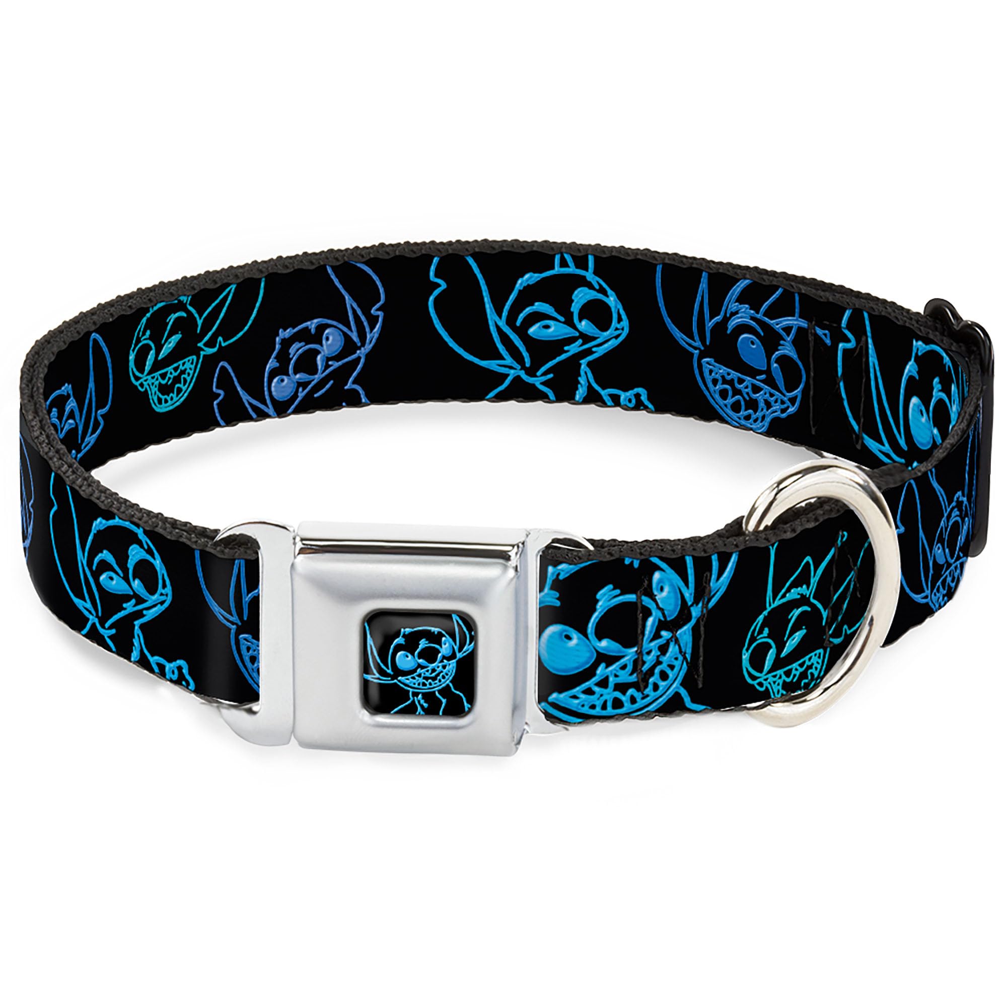 Disney Pet Collar, Dog Collar Metal Seatbelt Buckle, Electric Stitch Poses Black Neon Blue, 9.5 to 13 Inches 1.0 Inch Wide