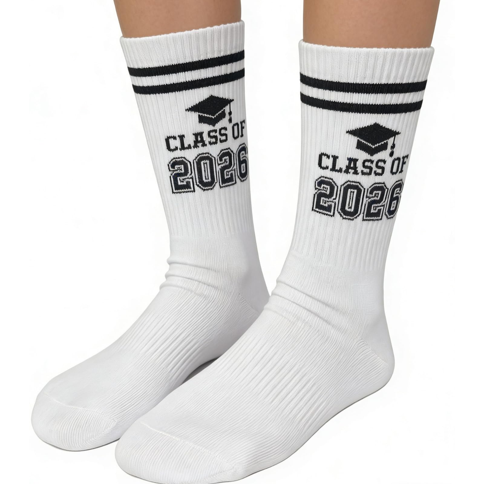 Yunvisty Graduation Gifts Her for Him Class of 2026 Gifts White Socks Masters High school and university Leavers Gift for Students Black Stripes and Graduation Cap Print