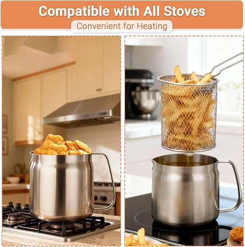 Miniatura 5 de Olla freidora profunda de acero inoxidable de 119 oz con canasta y colador de aceite, freidora profunda multifuncional, pequeña para estufa de