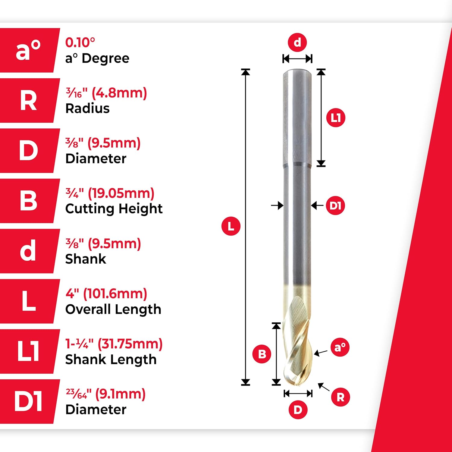 Amana Tool Extra Long CNC 2D and 3D Carving Ball Nose 0.10 Deg Straight Router Bit, ZrN Coated, 46491, 3/8 Dia x 3/16 Rad x 3/4 x 3/8 Shk x 4 L x 3 Fl