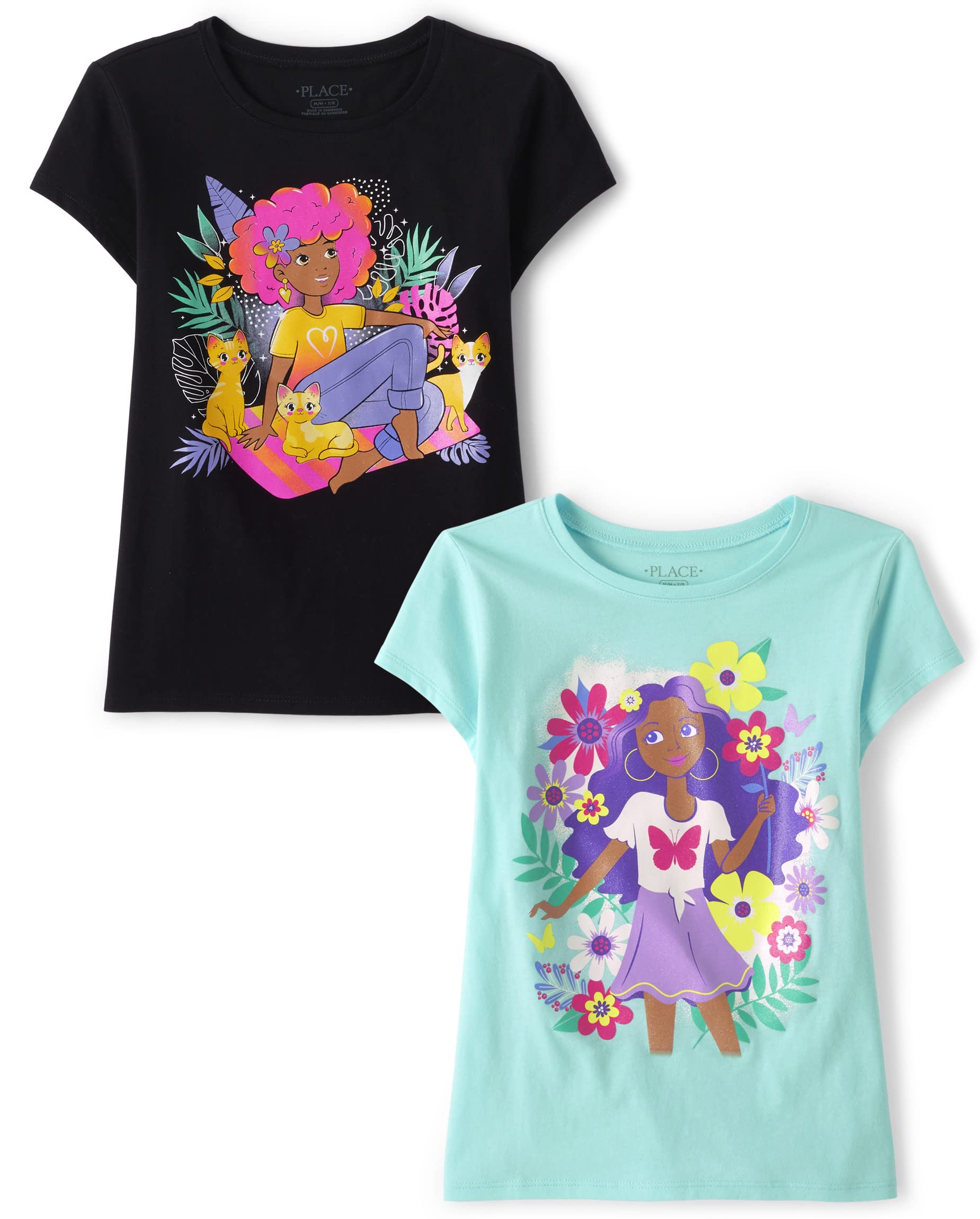 The Children's PlaceShort Sleeve Graphic T-Shirt 2-Pack,Girl Cat/Girl Flower,Small (5/6)