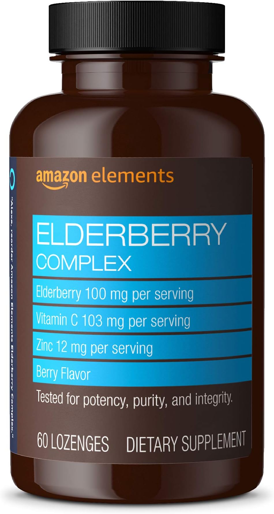 Amazon Elements Elderberry Complex, Immune System Support, 60 Berry Flavored Lozenges, Elderberry 100mg, Vitamin C 103mg, Zinc 12mg per Serving (Packaging may vary)