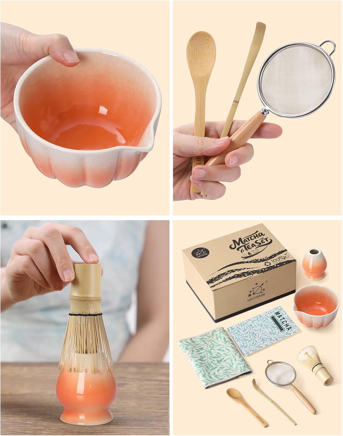 Matcha Whisk Set, 7 Pcs, Matcha Kit Includes Matcha Bowl, Matcha Whisk and Holder, Bamboo Scoop, Spoon, Sifter and Tea Towel, Matcha Set, Gift for Matcha Lovers & Beginners (Gradient Orange)