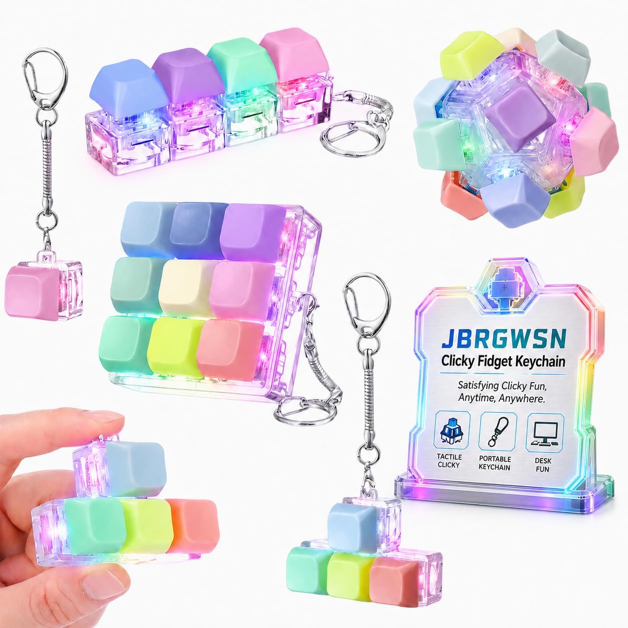 5 Pack Light Up Keyboard Fidget Clicker Keychains 5 Styles Mini Mechanical Keyboard Sensory Desk Toys with LED Buttons for Adults Teens Students and Coworkers(Black Transparent)