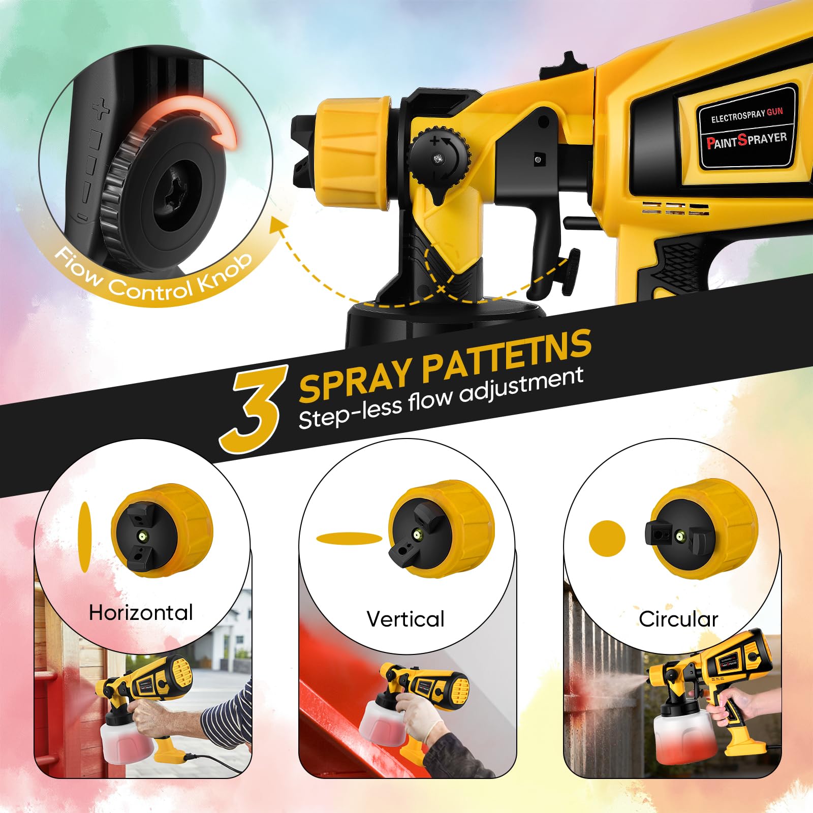 Pistola de Pintura,800W HVLP Pulverizador de Pintura Eléctrico con Recipiente de 1400ml, Flujo Máximo de 1000ml/min,5 Boquillas para la Pulverización y Limpieza del Bricolaje（Amarillo）