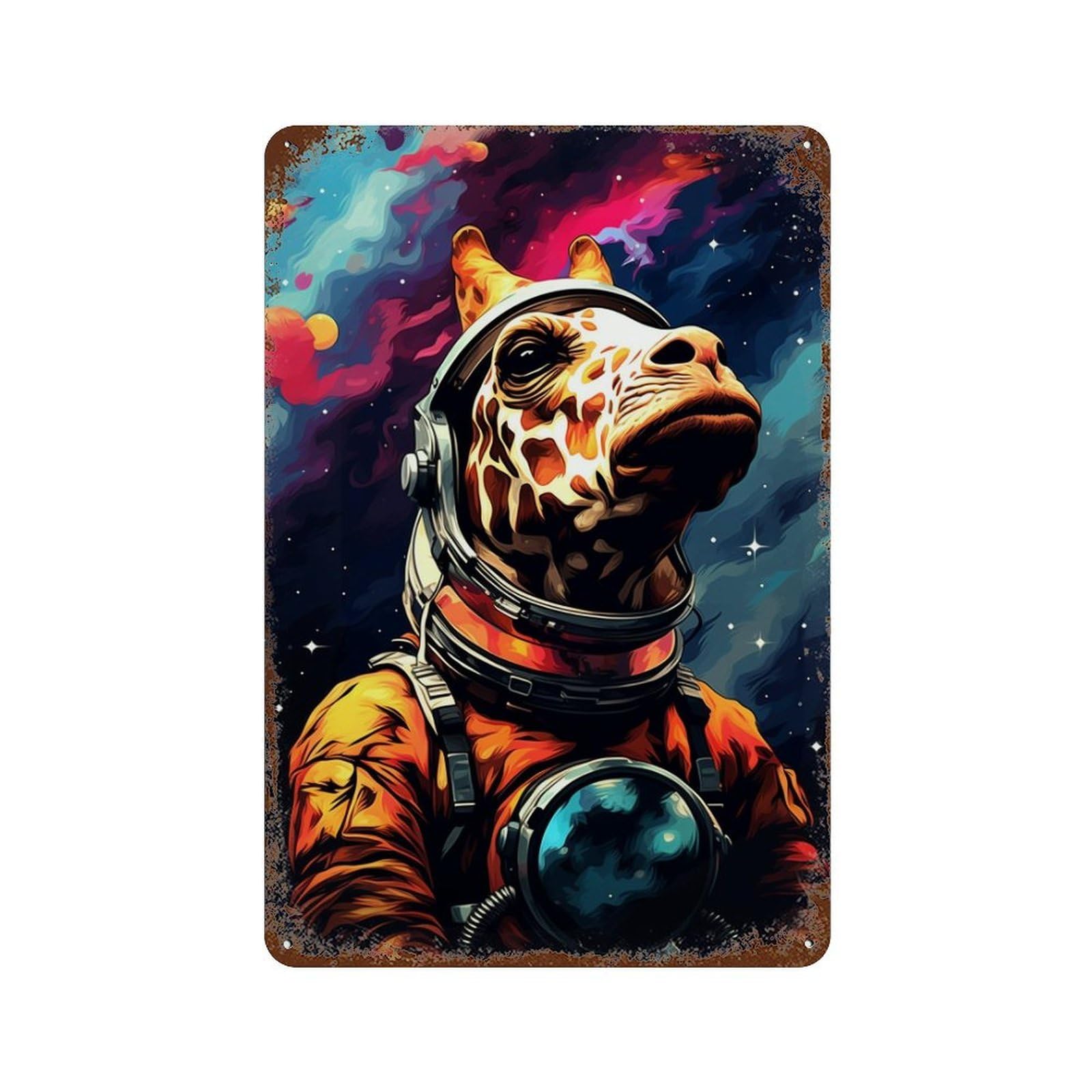 Giraffe Astronaut in Space Suit 11.8"x7.9" Distressed Metal Wall Sign, Industrial Home Decor for Patio, Garden Room And Bar Decor