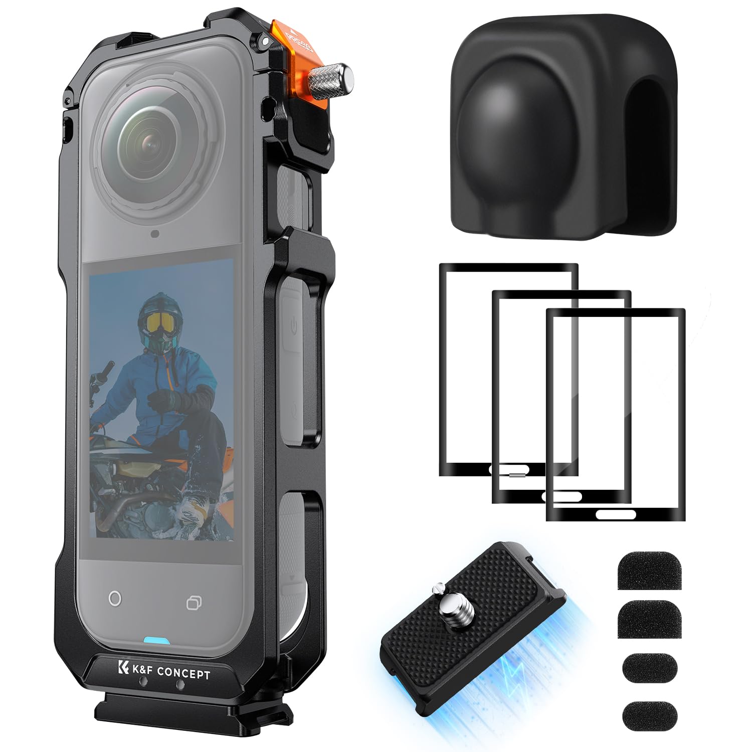 Klatka fotograficzna K&F CONCEPT Standard do aparatu Insta360 X5, aluminiowa rama z silikonową osłoną obiektywu, otwór na śrubę 1/4", 2 stopki mocujące, obudowa przedłużająca z folią ochronną ekranu
