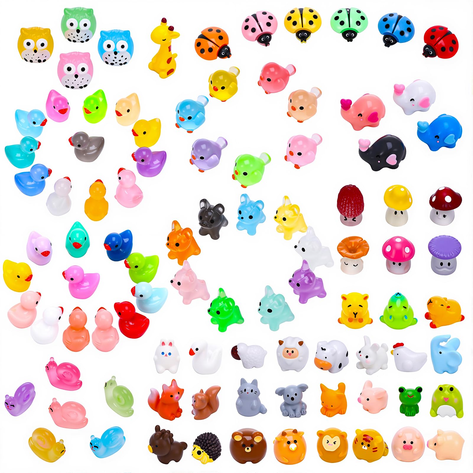GSrenyu Pack of 124 Mini Resin Animals,Luminous Tiny Resin Ducks,Frogs Mixed Cute Animals Miniature Figures Glow in the Dark Toy Small Figurines for Landscape Garden Dollhouse Decoration Craft