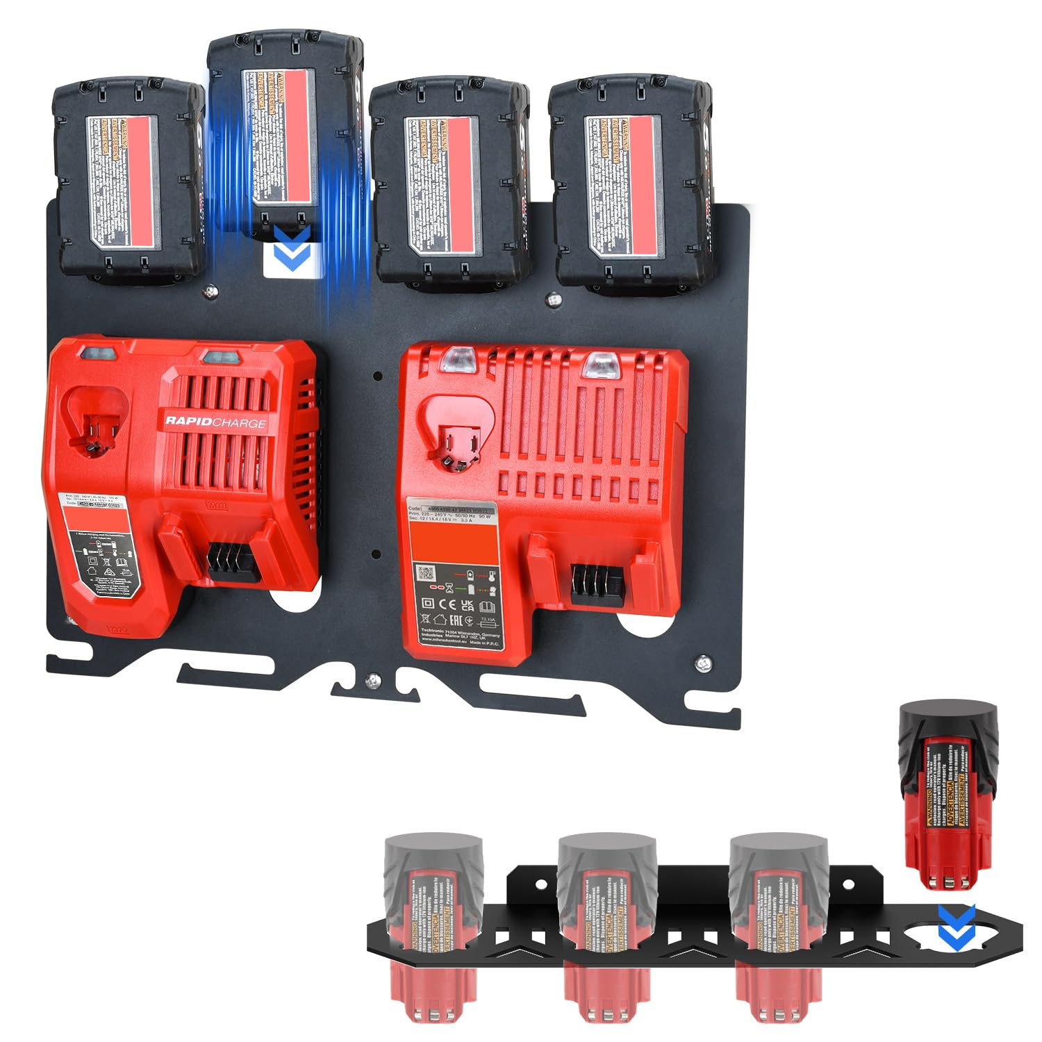 Soporte de pared de metal 3 en 1 para cargadores, baterías y taladros Milwaukee - Compatible con cargadores M12-18C/M12-18FC/M18 DFC - Soporte de batería para baterías Milwaukee M12 de 12 V y M18 de