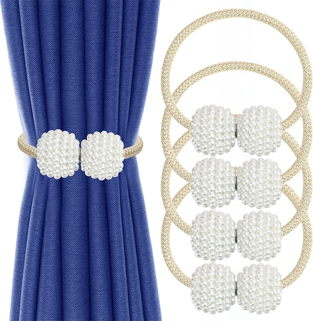 Magnetic Curtain Tiebacks, Convenient Drape Tie Backs, Pearl Decorative Rope Holdback Holder for Home Office Hotel, Window Drapery Deco, No-Install Drill Hook (4 Pcs, Beige)