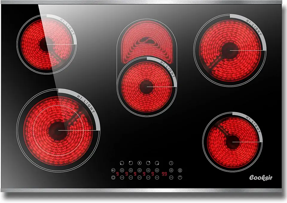 Cooktop Elétrico de 30", Fogão Elétrico Embutido de 5 Queimadores com Estrutura de Metal de Proteção de Vidro, Cooktop de Vidro Radiante de 8400 W, Trava de Segurança, Temporizador de 99 Minut