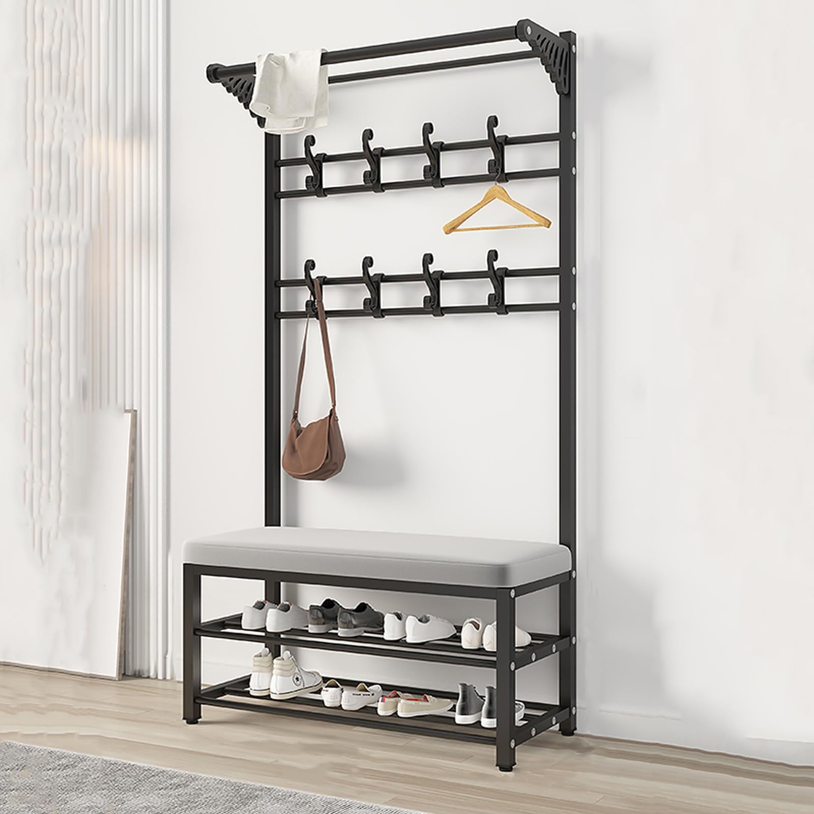FGXHHS Industrial Metal Coat Rack and Shoe Bench, Rustic Entryway nizer with Sto, Easy Assembly, Space-Saving Design (Black/White, 80cm)