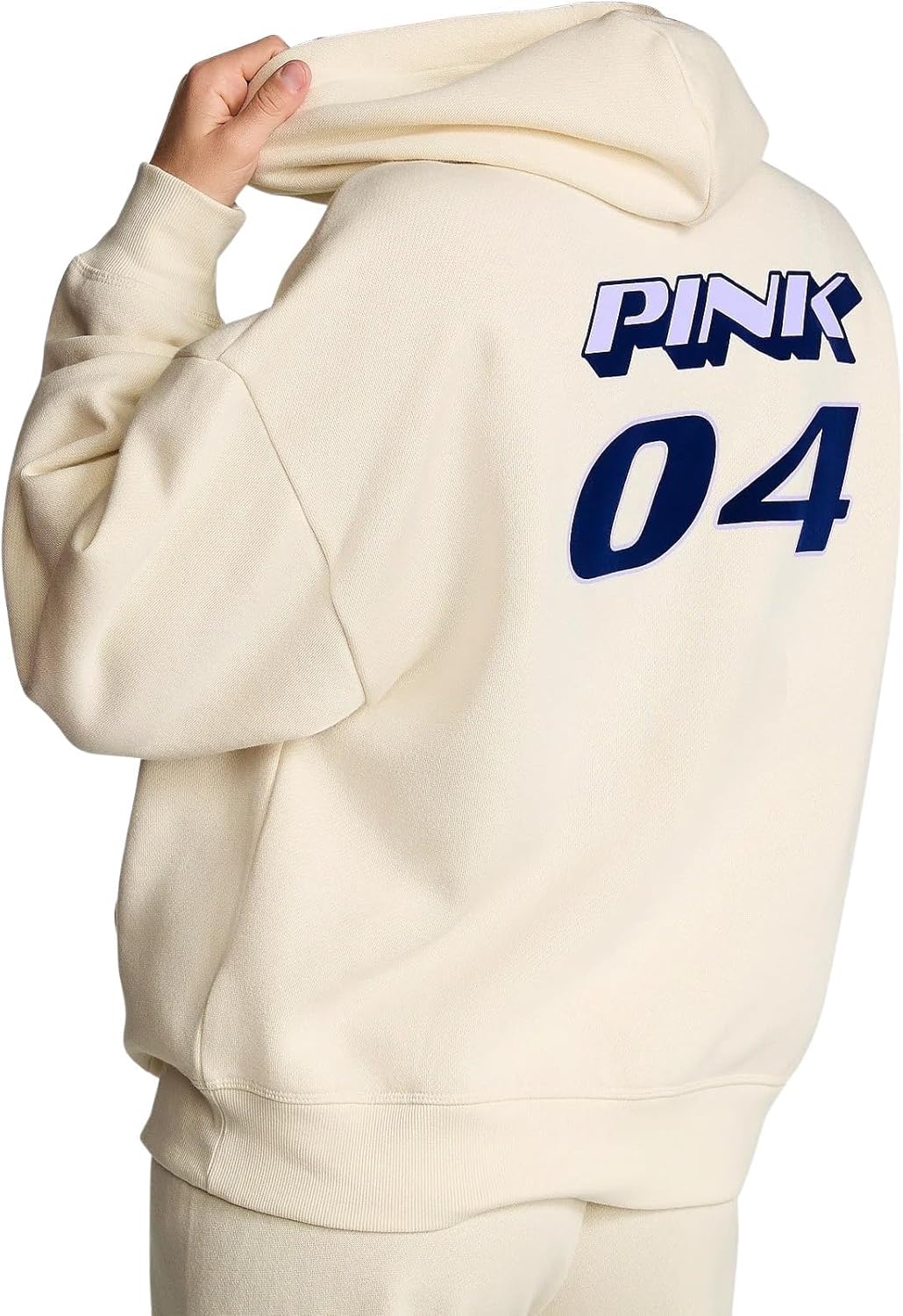 Victoria's Secret PINK Ivy Fleece Campus Full Zip Hoodie Beige Racing Graphic Women New
