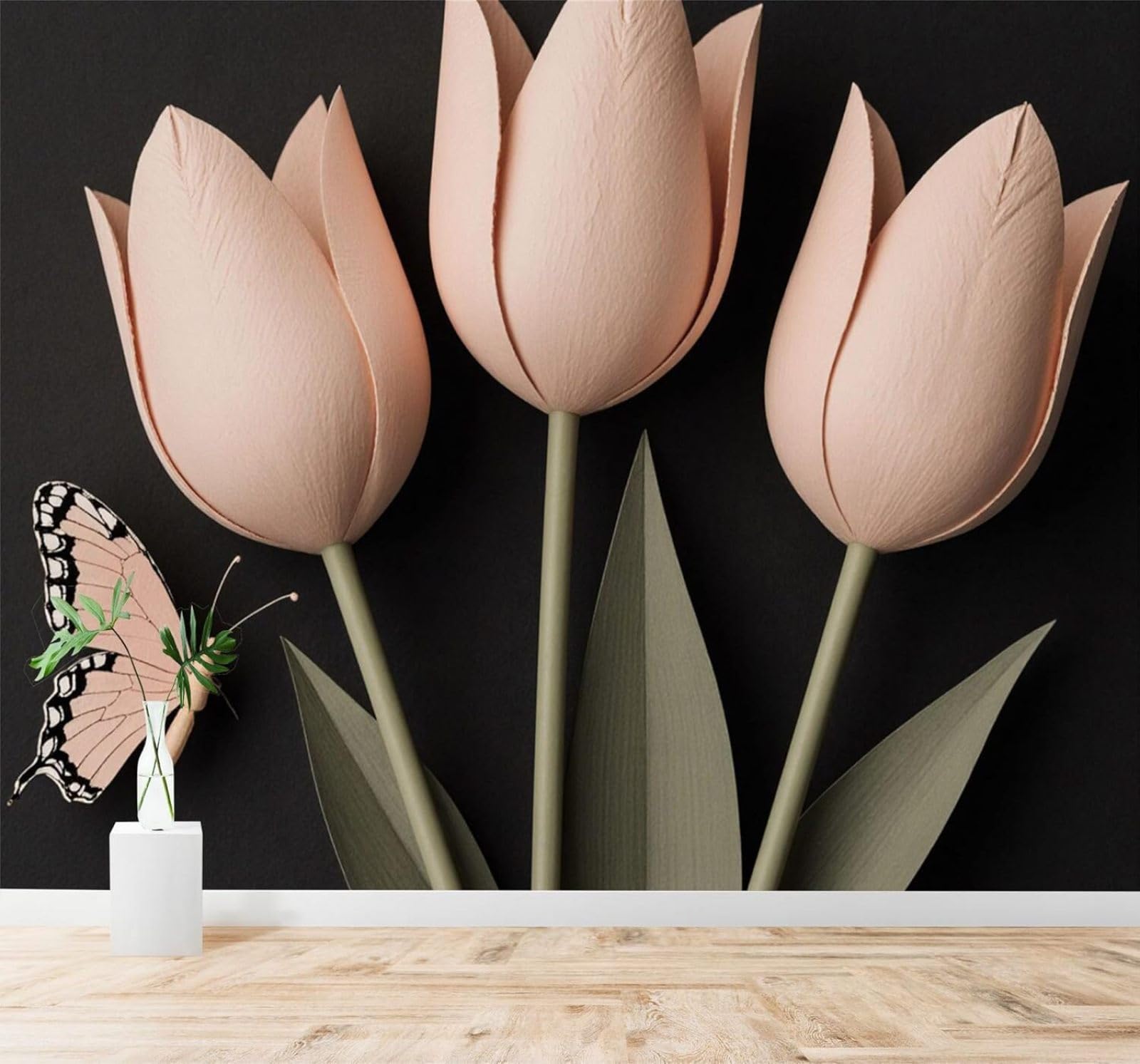 XLMING Beautiful Pink Tulips Butterflies Green Leaves Black 3D Wallpaper Silky Texture Home Study Office Grey Dining Room Sofa Bedroom Living Room TV Backdrop-300cm×210cm