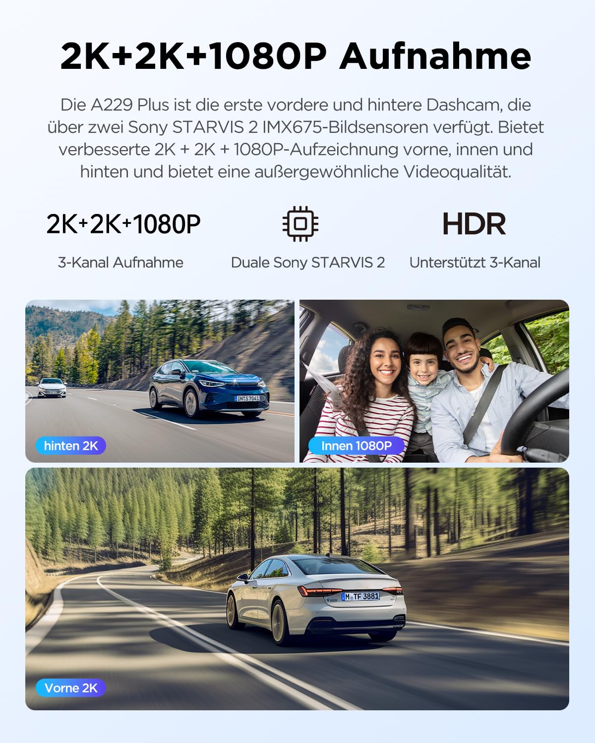 VIOFO A229 Plus 3 Lens 2K + 2K + 1080P, Dual STARVIS 2, HDR Vorne hinten Dashcam Auto, Sprachsteuerung & 5GHz Wi-Fi WLAN Autokamera, Ultrapräzises GPS, Super Nachtsicht 2.0, Sprachausgabe, 512 GB Max