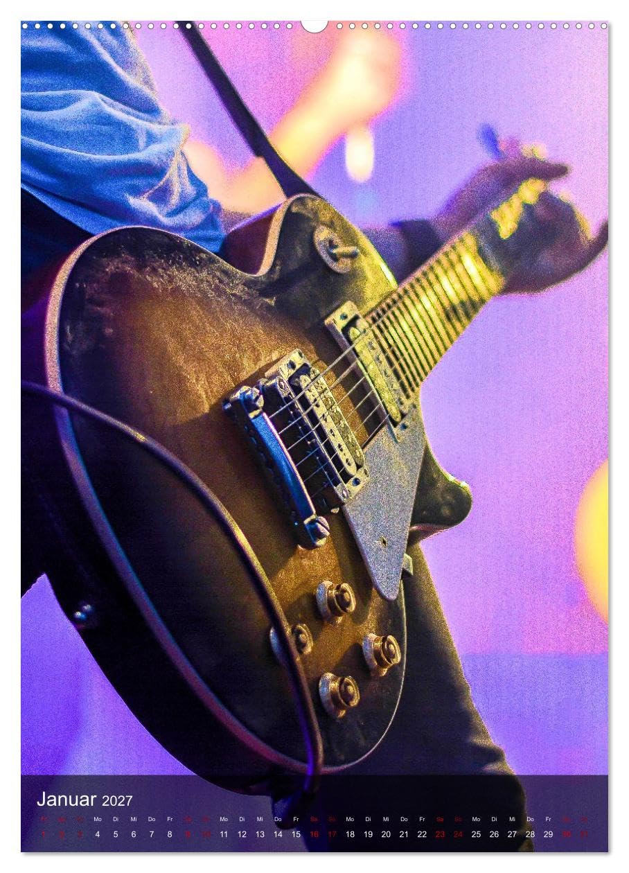 CALVENDO - Rockgitarren in Concert (hochwertiger Premium Wandkalender 2027 DIN A2 hoch), Kunstdruck in Hochglanz: Stimmungsvolle Konzertfotografien beliebter Gitarren und Bässe