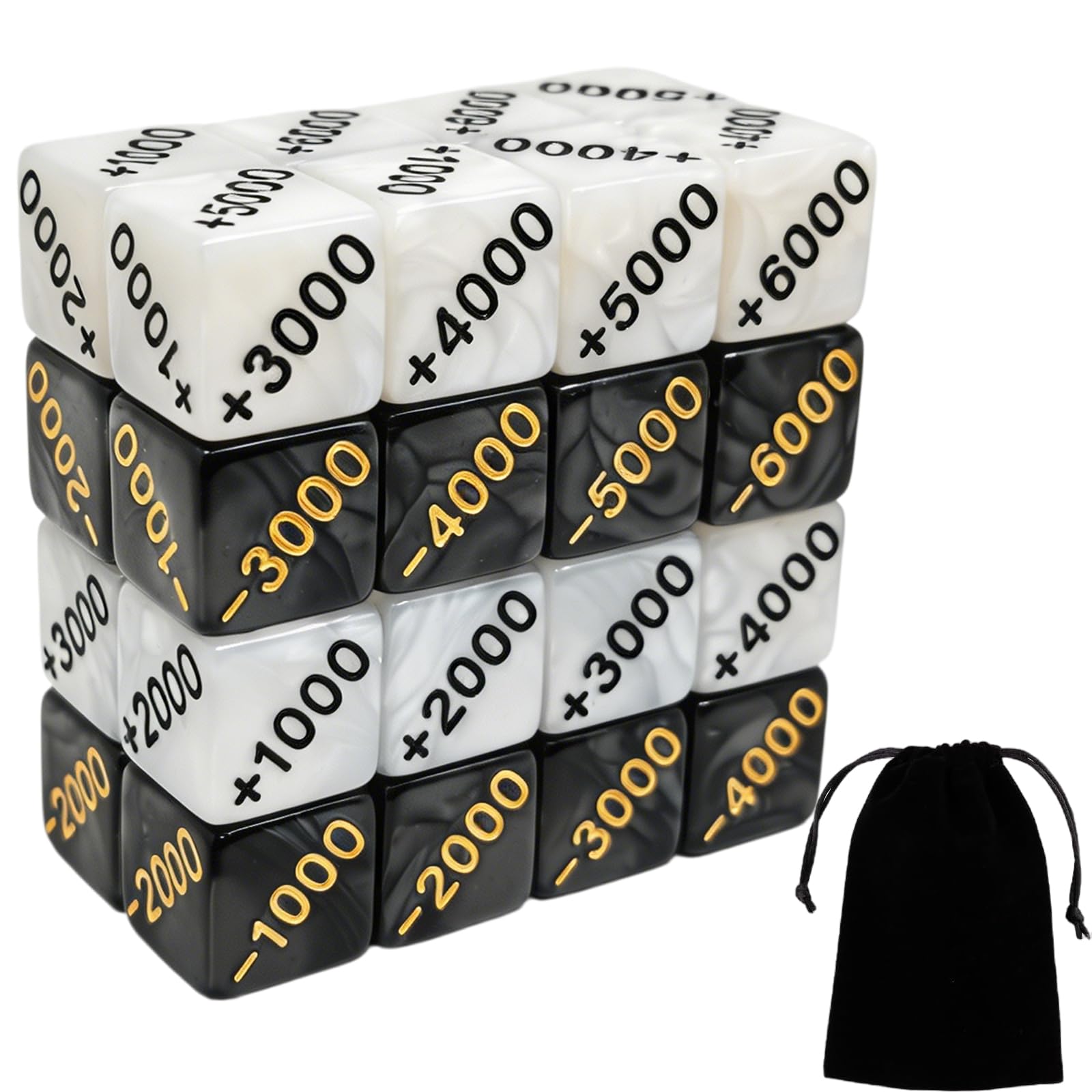 32 PCS Power Counter Dice Set, 16 Positive (+1000-+6000) & 16 Negative (-1000-6000), Premium Black & White Marble Finish, Compatible with One Piece TCG, MTG & All Card Games
