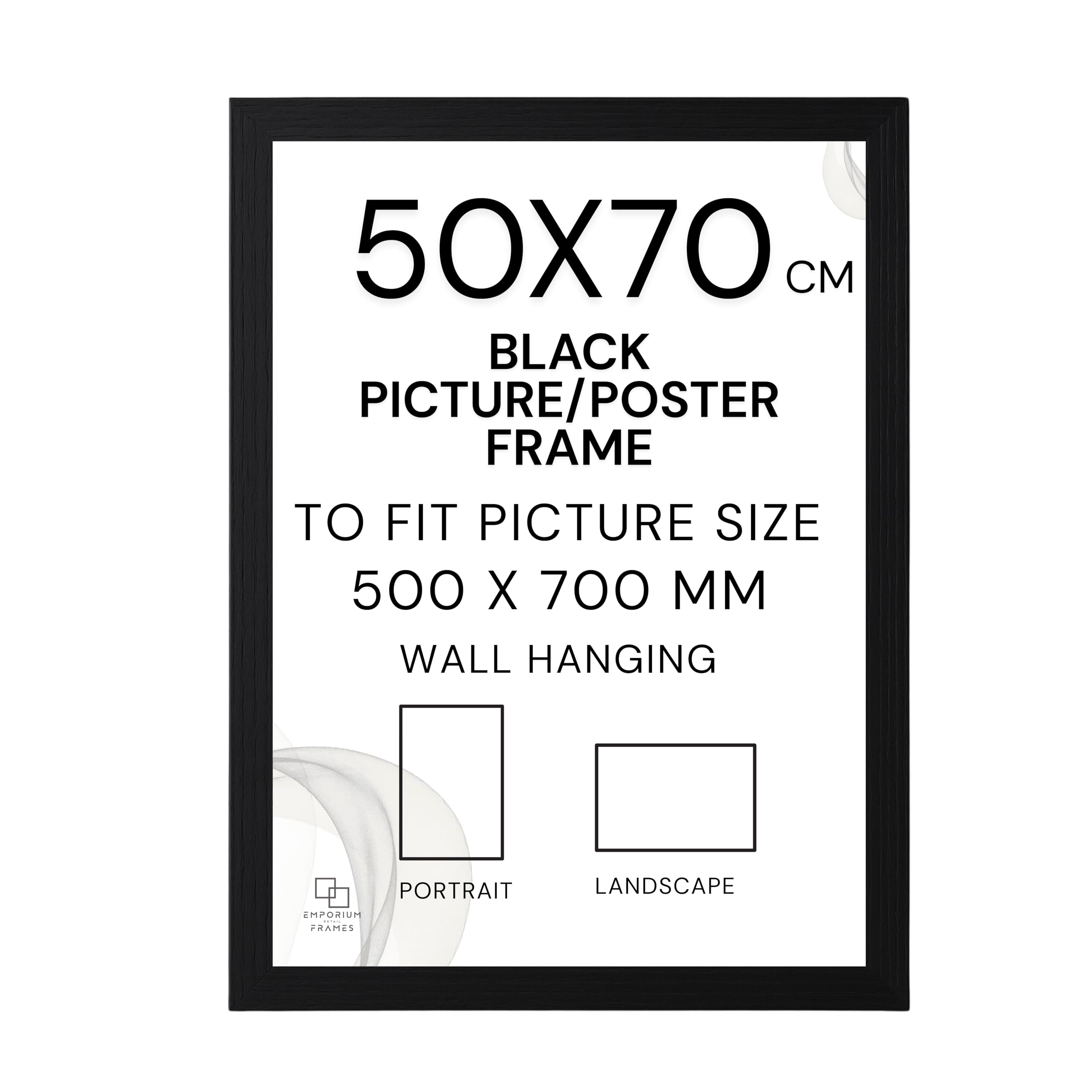 Emporium Retail Frames Black 50X70cm Picture Frame - 500X700mm Poster Frame Wood, Styrene Acrylic Glass, Mdf Back & Hooks - Portrait Or Landscape Ideal For Gallery Wall Decorations