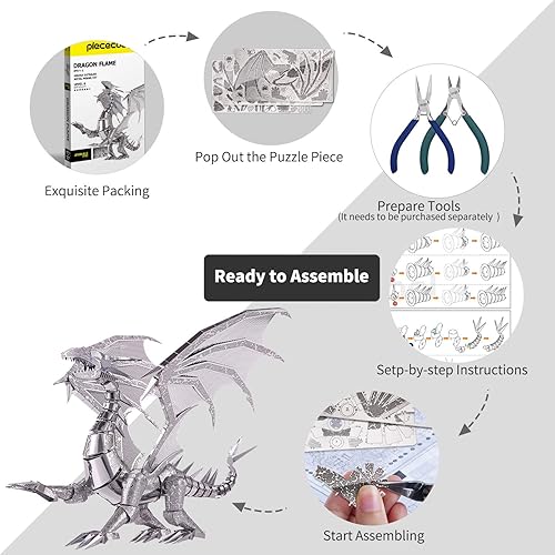 Miniatura 4 de Piececool Kits de modelo de rompecabezas de metal 3D kit de construcción de metal de llama dragón para adultos rompecabezas de dragón 3D juguetes