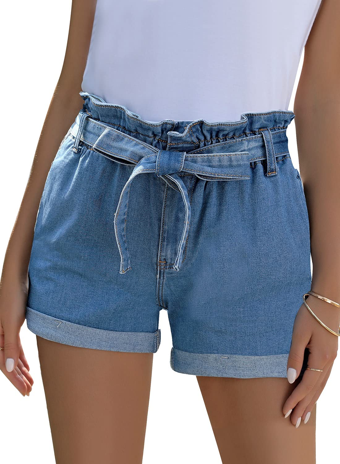 Lookbook Store Women's High Rise Elastic Waist Bowknot Paper Bag Denim Shorts
