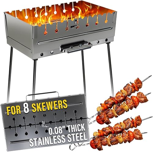 Miniatura 8 de MHH Parrilla de carbón para 8 pinchos - Barbacoa portátil de 43 cm × 30 cm × 43 cm Parrilla de camping para pinchos - Mangal de metal plegable - 1.