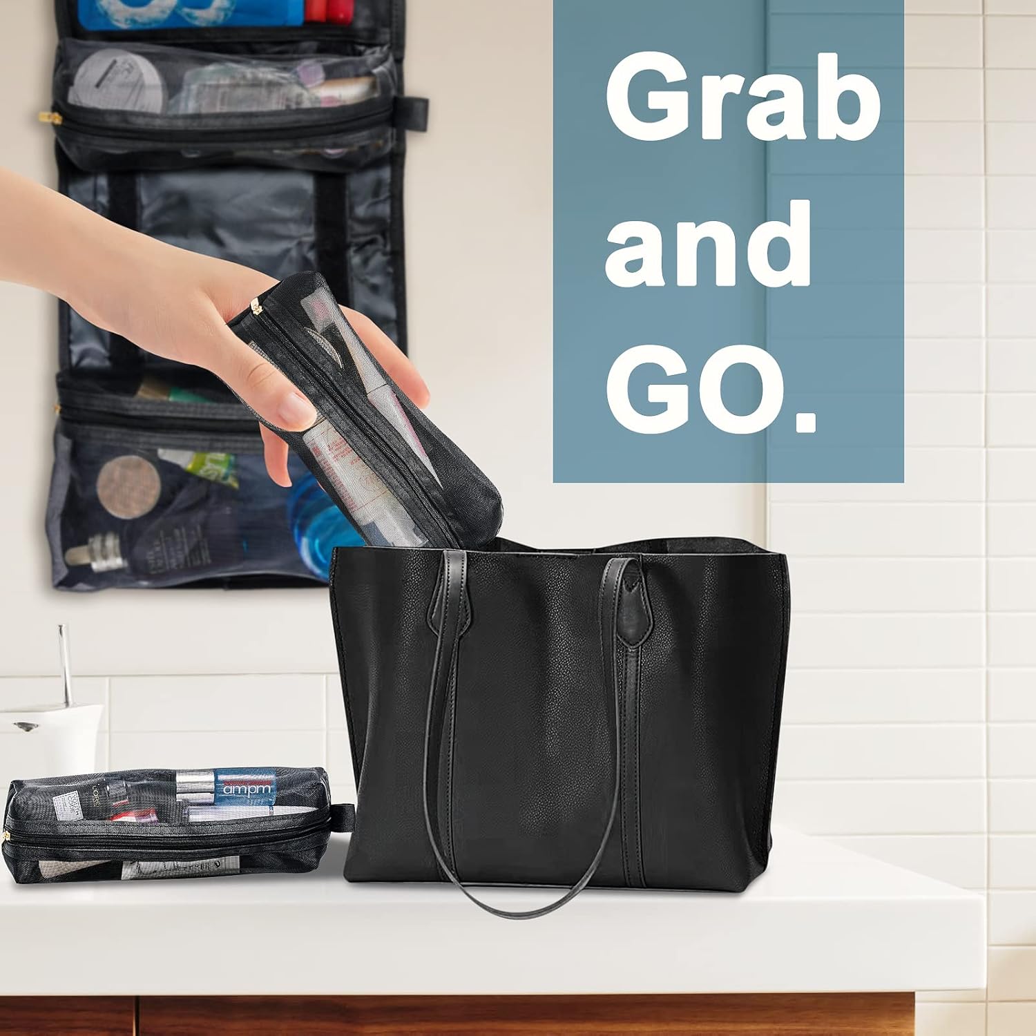 Toiletry Bag Can Hanging Small Roll-Up Makeup Organizer Bag with 3 Detachable Transparent Mesh Folding Cosmetic Travel Bags for Women & Men Black Toiletries Organizer Bag Gym Camping Grooming, Black - Image 3